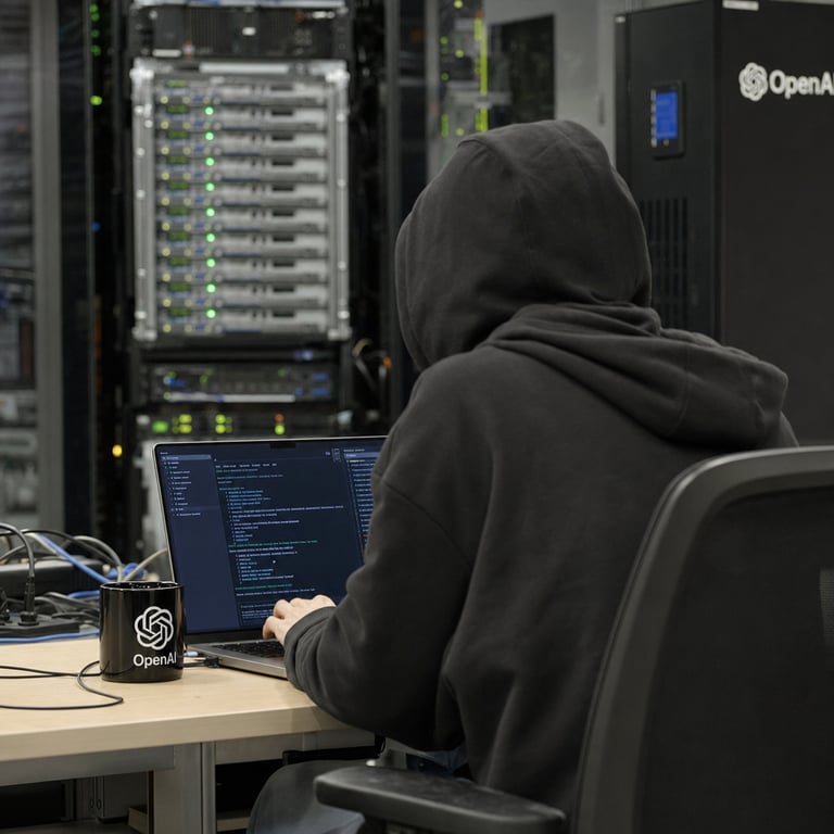 An anonymous researcher sits at a workstation in a technology office, using a laptop connected to OpenAI systems with server racks and data storage units visible in the background.