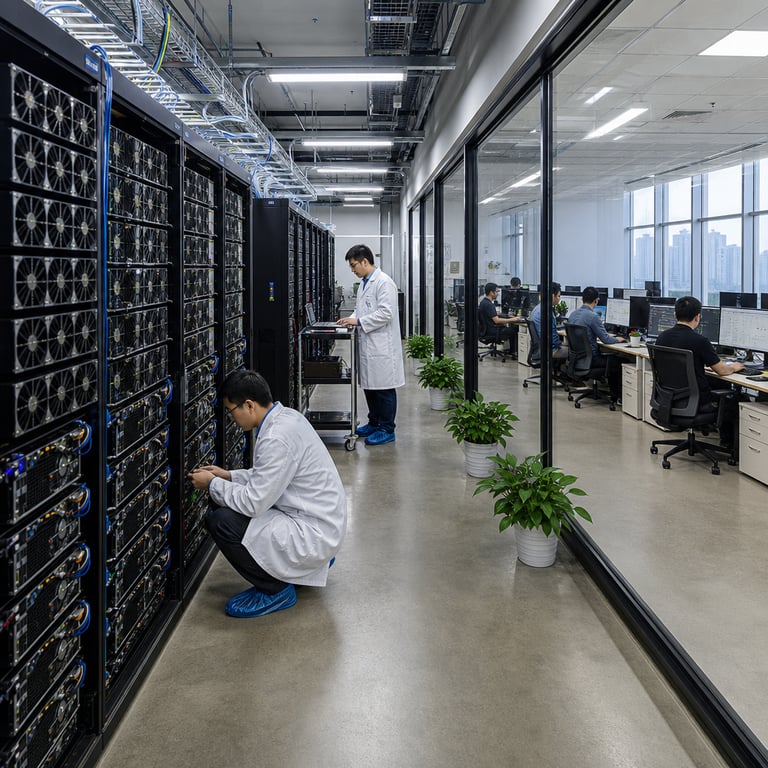 Inside a brightly lit modern data center facility located in a suburban technology park outside Beijing China rows of tall black server racks filled with densely packed graphics processing units and custom accelerator cards line the polished concrete floor under even overhead fluorescent illumination. Several anonymous technicians wearing white lab coats and blue protective shoe covers move methodically between the aisles one technician kneels to inspect a cable connection on the lower portion of a rack while another stands at a rolling cart holding diagnostic tablets and spare components. The walls feature large windows revealing an adjacent open-plan office area where groups of engineers sit at long shared desks clustered around multiple computer monitors displaying complex neural network diagrams and parameter graphs without any readable text or branding. In the background through a glass partition additional staff members review printed technical schematics spread across a conference table next to stacks of reference hardware modules. The overall scene emphasizes industrial scale infrastructure with visible cooling vents exhaust fans and neatly bundled fiber optic cables running along overhead trays all elements reflecting the development of customizable open-weight artificial intelligence systems by organizations such as Moonshot AI Alibaba Qwen ByteDance Doubao Z.ai GLM-5.2 and DeepSeek operating under constraints of limited imported semiconductors yet advancing domestic hardware alternatives and global distribution strategies. The environment includes generic office furniture ergonomic chairs potted plants along the perimeter and distant views of urban skyline through exterior windows reinforcing the setting of Chinese technology self-reliance and export-oriented AI standardization efforts without depicting any specific individuals or prohibited elements.