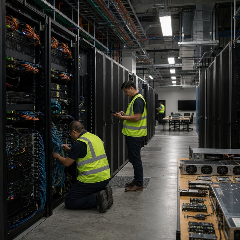 A spacious modern data center interior at a technology company facility features rows of tall black server racks with blinking indicator lights and neatly bundled cables running along the floors and ceilings representing efficient infrastructure for advanced AI model deployments. In the foreground a group of anonymous technicians wearing casual business attire and safety vests work at open rack panels adjusting connections on high-density GPU arrays and networking hardware that symbolizes the integration of an LLM Gateway system for reduced operational costs. One technician kneels to inspect a bundle of fiber optic cables while another stands reviewing a handheld diagnostic device with a blank screen. The background shows additional server aisles extending into the distance with cooling units and power distribution panels emphasizing reliable scalable compute resources for workloads involving frontier AI models. Scattered on nearby workbenches are generic hardware components such as spare hard drives network switches and cooling fans arranged to convey maintenance and optimization efforts that support lower expenses for both standard and agentic AI tasks. The overall environment includes concrete flooring overhead fluorescent lighting panels and ventilation ducts creating a realistic industrial yet high-tech atmosphere focused on the physical backend supporting new model releases like Claude Fable 5.1 alongside related systems such as Claude Mythos 5.1. Details include precise cable management trays labeled only with color codes visible ports on equipment panels and subtle reflections on metallic surfaces to highlight the tangible hardware enabling same-day access and pricing efficiencies without any visual text or branding. Additional elements feature a distant view of a conference table with laptops closed and notebooks open suggesting collaborative planning sessions around cost reduction strategies in AI infrastructure deployment.