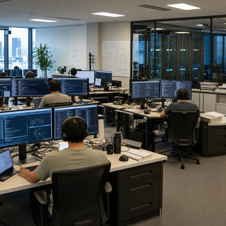 A realistic live-action photograph captures a spacious modern open-plan technology research office interior associated with Anthropic AI development efforts where multiple anonymous software engineers sit with backs turned toward the viewer at individual ergonomic workstations each equipped with multiple large external monitors displaying dense scrolling lines of complex programming code syntax structures algorithmic flow diagrams and abstract graphical performance charts representing AI agent evaluations on senior software engineering tasks the desks are cluttered with wireless keyboards ergonomic mice technical notebooks open laptops connected via thick black cables to external hard drives and network routers while in the mid-ground through transparent glass walls rows of tall black server racks filled with blinking green and blue LED indicator lights stand as the physical embodiment of the Harbor Hub platform infrastructure enabling full reproducibility of model testing alongside additional computing hardware units representing the Harbor Framework integration the engineers wear plain neutral-colored casual shirts and headphones with some figures leaning forward intently adjusting mouse positions or typing on keyboards the overall workspace features neutral gray carpet flooring potted green office plants placed near windows that reveal a blurred urban skyline outside scattered coffee mugs and water bottles rest on desk surfaces next to USB hubs and cable organizers creating a lived-in professional atmosphere focused on collaborative AI advancement the scene includes subtle details such as wall-mounted whiteboards covered in handwritten diagrams of benchmark processes without any legible markings overhead fluorescent lighting fixtures casting even illumination across the room and background elements like filing cabinets holding stacks of printed research papers all elements together forming a single cohesive photojournalistic view of the environment where Claude Fable 5 has demonstrated superior results on Senior SWE-bench compared to earlier iterations like Claude Opus 4.8 with supporting contributions visible in the hardware setup from collaborative organizations including Snorkel AI and Vals AI through standardized evaluation rigs and data processing stations the composition emphasizes hardware objects settings and generic anonymous figures without any specific individuals or textual elements present on screens or surfaces to illustrate the story of leaderboard advancement in frontier AI model assessments.