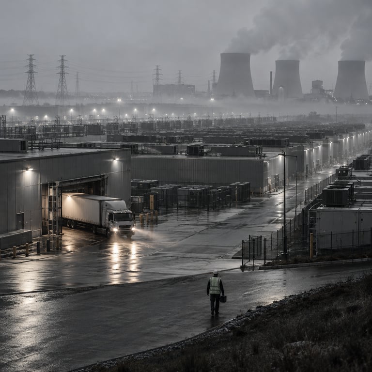 Wide shot of a foggy data center campus with a technician walking, representing Anthropic's cloud infrastructure.