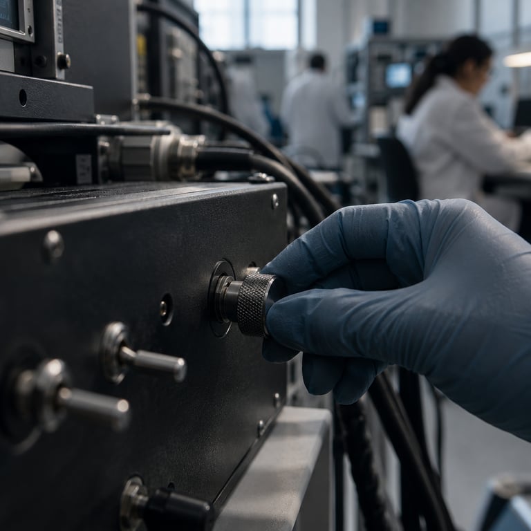 A technician's gloved hands adjust a safety dial on a test rig, with blurred lab workstations behind.