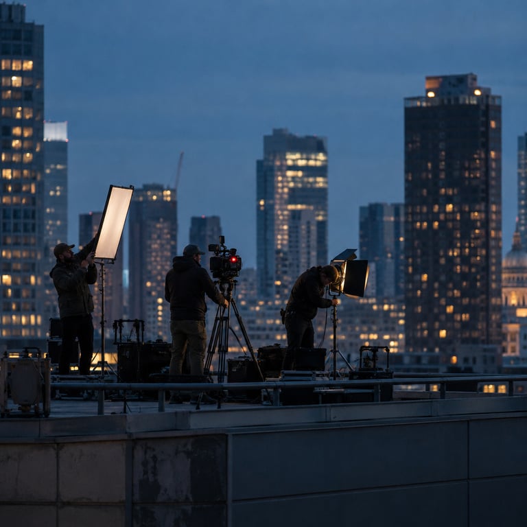 A film crew sets up video gear on a rooftop at dusk, evoking the AI model benchmark comparing Claude Opus 5.5 and GPT-6.1 Sol.