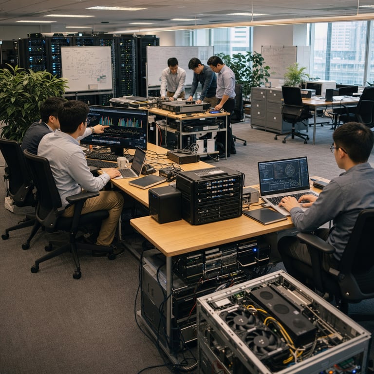Inside a contemporary open-plan technology office workspace belonging to an artificial intelligence research organization, several anonymous software engineers wearing standard business casual clothing such as button-down shirts and khakis sit at long wooden desks arranged in clusters. Each desk holds multiple thin laptop computers connected by visible cables to external solid-state drive enclosures and compact server units stacked neatly on lower shelves. One engineer points toward a central monitor displaying abstract colorful bar charts and line graphs comparing performance metrics while another engineer types on a keyboard connected to a separate machine running simulation software. In the background, tall racks of black server hardware with blinking indicator lights line one wall next to large windows showing an urban cityscape outside. The room features neutral gray carpeting, potted green plants placed at intervals between desks, and whiteboards covered in handwritten diagrams without any legible characters. Additional anonymous figures stand near a central table examining portable diagnostic tools and network routers that represent optimized computational infrastructure for agentic artificial intelligence systems. The entire scene conveys a collaborative environment focused on evaluating frontier-level model capabilities through hardware setups that emphasize efficiency and reduced operational expenses. Details include scattered ergonomic office chairs, coffee mugs on coasters, closed notebooks with blank covers, and overhead fluorescent lighting illuminating the workspace evenly. Engineers exhibit focused postures with some leaning forward to inspect cable connections between processing units symbolizing the practical deployment of advanced language models for real-world tasks. The overall composition includes foreground elements like a partially disassembled computer tower exposing internal components such as cooling fans and circuit boards, midground clusters of active workstations with visible USB hubs and power strips, and background elements consisting of filing cabinets and additional empty desks prepared for further testing equipment. This realistic live-action setting illustrates the comparison between high-performance artificial intelligence solutions delivered at lower resource requirements without any symbolic or textual overlays present anywhere in the frame.