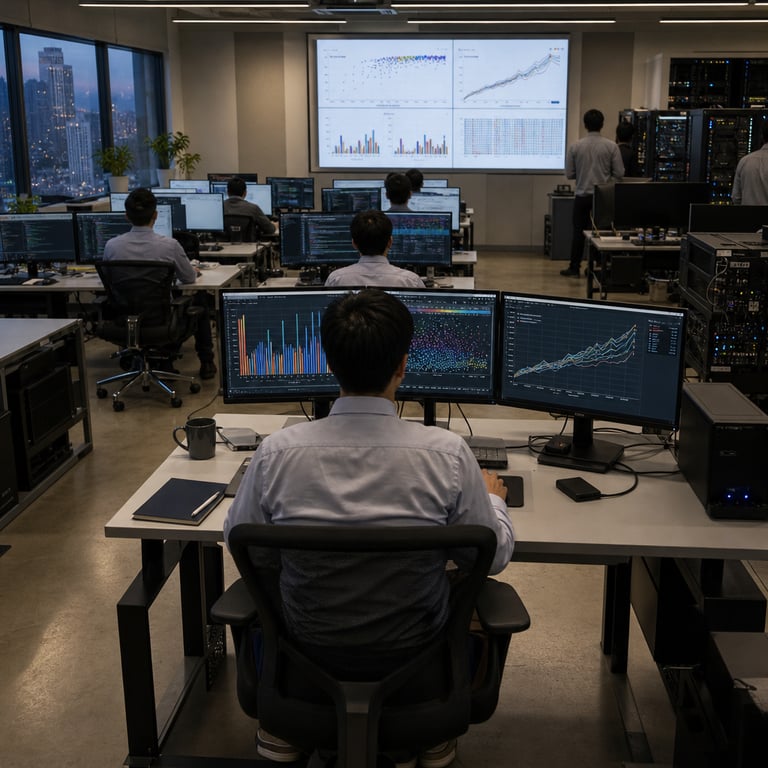 Inside a modern open-plan technology research laboratory filled with rows of ergonomic desks and subtle neutral-toned acoustic panels on the walls, several anonymous figures wearing plain button-down shirts and slacks sit with their backs to the viewer at individual workstations each featuring three large flat-panel monitors arranged side by side, displaying intricate multicolored bar charts, line graphs with ascending peaks, and dense scatter plots that visualize comparative performance metrics across numerous artificial intelligence systems on standardized software engineering evaluation tasks. The central monitor on the foremost desk shows a prominent top-ranked entry associated with a leading model from the organization known for releasing Claude Opus 5, Claude Mythos 5, and Claude Fable 5, surrounded by clustered data points indicating near-saturation levels among fifty-nine total evaluated systems. In the mid-ground, additional anonymous figures stand near tall black server racks with blinking indicator lights and neatly bundled cables, while open laptops on adjacent desks display code repositories and terminal windows executing automated test suites. Subtle environmental details include potted plants on windowsills overlooking an urban skyline at dusk, coffee mugs and notepads scattered across desk surfaces, and a large wall-mounted screen in the background showing aggregated benchmark summaries from BenchLM.ai dated July 28, 2026, with tight groupings of scores highlighting the dominance of the three Anthropic models over competitors including references to OpenAI GPT-5.6 Sol and Vals AI entries. The overall composition emphasizes hardware elements such as mechanical keyboards, external hard drives, and cooling fans visible through perforated server enclosures, conveying an atmosphere of focused technical analysis in a professional setting without any readable text, logos, or identifiable individuals. The laboratory features polished concrete floors, recessed LED ceiling lighting creating even illumination, and distant views of city buildings through large glass windows, reinforcing the real-world context of frontier artificial intelligence development and evaluation on the SWE-bench platform where performance saturation is evident across the field.