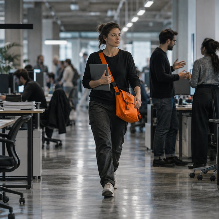 Developer with orange bag walking through bright office, colleagues blurred behind