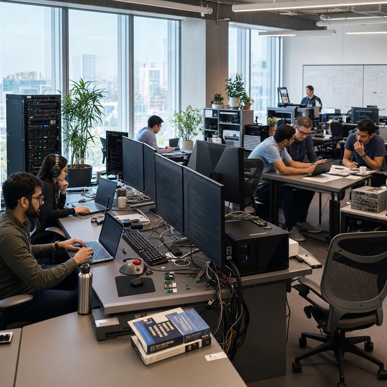 In a sleek modern technology research facility located in a bustling urban innovation hub a diverse group of anonymous software developers and data scientists are gathered around multiple high-end computer workstations arranged in a collaborative open workspace featuring neutral gray desks with integrated cable management systems and adjustable ergonomic chairs positioned for extended collaborative sessions on one side of the room several individuals are intently focused on their laptop screens and desktop monitors that display intricate lines of programming code algorithmic flowcharts and performance metric graphs related to advanced artificial intelligence model evaluations these professionals are using cutting edge hardware setups including powerful multi monitor configurations with thin bezel displays ergonomic mechanical keyboards specialized input devices such as trackballs and multi button mice along with external GPU enclosures and docking stations connected via thick braided cables visible server racks with blinking status lights humming quietly in the background providing computational resources for running extensive benchmark tests on frontier artificial intelligence systems nearby another cluster of experts is engaged in deep discussions gesturing towards shared digital tablets and printed technical documents that outline comparative analyses of agentic capabilities coding proficiency assessments and knowledge intensive task performances between leading large language models the environment features neutral toned modular furniture large floor to ceiling windows allowing soft diffused natural light to illuminate the space filled with subtle technological elements such as charging stations for portable devices network cables neatly organized in cable trays beneath raised flooring reference books on machine learning theory stacked on metal shelving units individuals are dressed in casual professional attire like button down shirts and jeans with some wearing over ear headphones as they simulate real time interactions with AI assistants during evaluation sessions the overall atmosphere conveys a sense of rigorous scientific inquiry and methodical comparison highlighting the distinct approaches to building and assessing next generation AI tools for enterprise applications and developer productivity enhancements additional details include potted plants adding a touch of greenery to the workspace whiteboards covered in abstract diagrams without any legible markings coffee mugs and water bottles on desks indicating long hours of dedicated work various peripheral devices like external hard drives routers and USB hubs contributing to the high tech ambiance this scene captures the essence of ongoing evaluations in the field of artificial intelligence where teams meticulously test and contrast the capabilities of models from different creators in areas such as autonomous task execution software development assistance and information synthesis for professional use cases the composition emphasizes the hardware and human elements involved in these critical assessments with background elements including air conditioning vents softly circulating air potted succulents on window sills and organized toolkits containing screwdrivers and cable ties all contributing to a functional productive setting devoid of any visible markings or identifiers the workspace extends into adjacent areas with additional desks holding stacks of technical manuals and prototype circuit boards further illustrating the depth of hands on testing and iterative refinement processes central to frontier model development and selection decisions for organizations focused on optimizing workflows through advanced coding evaluations and agentic benchmark comparisons