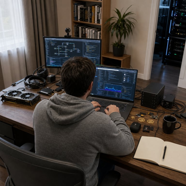 In a modest home office with neutral walls and wooden flooring an anonymous person sits with back facing the viewer at a large wooden desk covered in organized tech equipment including an open laptop computer a separate keyboard and mouse multiple external hard disk drives stacked neatly on the right side and a visible graphics processing unit card with cooling fans on the left side of the desk the person wears a plain gray hoodie and has hands positioned on the keyboard while looking at the laptop screen which displays abstract graphical interfaces representing code editing environments and data visualizations without any readable content the background includes a window with soft natural daylight coming through partially drawn curtains a potted plant on a side table a bookshelf filled with technical manuals and binders and a secondary monitor on a stand showing network diagrams and flow charts the scene incorporates subtle references to blockchain technology through small physical tokens and hardware modules placed near the computer equipment along with indicators of artificial intelligence model handling such as USB drives labeled generically as storage devices and cables connecting various components the overall environment suggests focused work on specialized software development for decentralized finance applications particularly agent based systems on a specific blockchain platform with emphasis on trading mechanics the desk also holds a notebook with blank pages a cup of coffee and various cables neatly bundled the lighting is even and realistic highlighting the textures of the wood grain on the desk the matte finish of the electronics the fabric of the hoodie and the details of the hardware components creating a documentary style capture of a real world moment in technology research and development the composition centers on the interaction between the human figure and the computing setup emphasizing the tools used for fine tuning and distributing large language models in open formats suitable for further customization in niche domains like agent coding for financial perpetual contracts on blockchain networks with elements such as server racks faintly visible in an adjacent room through an open doorway and additional peripherals like headphones and a webcam mounted on the monitor stand completing the professional yet personal workspace atmosphere.