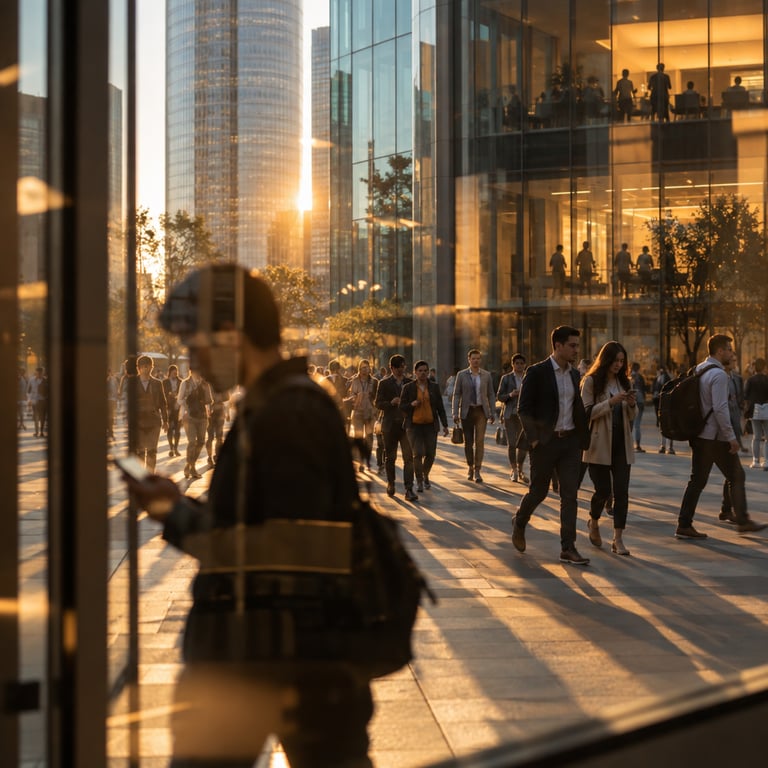Golden-hour plaza with busy professionals checking phones outside a glass tech campus