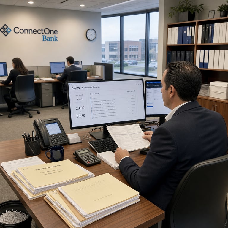 A professional commercial lending specialist sits at a wooden desk inside a modern bank branch office of ConnectOne Bank located in New Jersey with neutral walls and large windows overlooking suburban commercial buildings. On the desk surface rest multiple physical file folders containing commercial loan applications spread in an organized manner alongside a laptop computer displaying a clean interface of nCino agentic AI software used for document retrieval in commercial lending workflows. The specialist holds one printed document while viewing the screen where search results appear instantly representing the reduction from twenty minutes to thirty seconds for locating files. Nearby on the desk are additional items including a calculator a pen holder with black pens a stack of blank notepads a coffee mug and a telephone all arranged to show an active workspace. In the background other anonymous bank employees work at similar desks with computers illustrating the broader adoption of nCino AI tools across the commercial lending department. Shelves along the wall hold reference binders labeled with generic categories related to lending processes and regulatory compliance without any visible text or logos. The overall environment includes typical bank office elements such as ergonomic chairs carpeted flooring and partitions separating workspaces to emphasize productivity gains projected at one thousand annual hours freed per frontline banker for higher value client advisory activities. Additional details include a potted plant in the corner a wall clock showing mid afternoon and subtle architectural features like recessed ceiling panels typical of financial institutions in the region. The scene captures the integration of AI technology into daily commercial lending operations at ConnectOne Bank starting from the April 2026 timeframe with focus on efficient handling of documents and data through nCino systems. The specialist appears focused on the task demonstrating the transition to agentic AI assistance in banking environments. Surrounding elements include a waste bin with shredded paper remnants symbolizing streamlined processes a secondary monitor connected to the main computer for multi tasking and a small stack of business cards in a holder. The entire composition remains grounded in real world banking settings with generic figures and hardware objects directly tied to commercial lending efficiency improvements at the specified institution using the named technology platform.