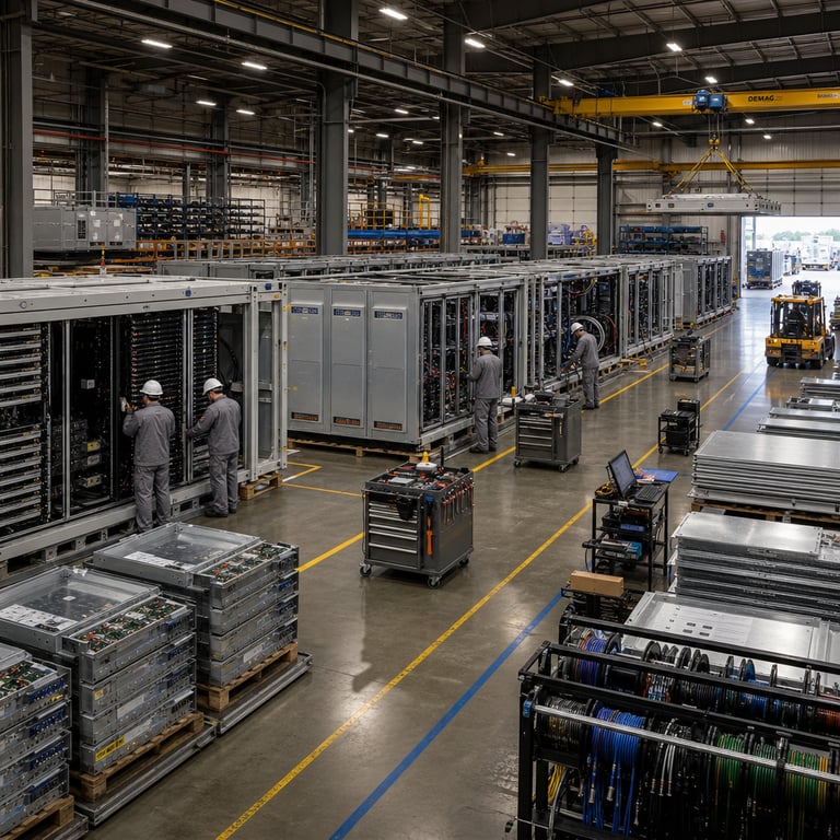 Inside a sprawling industrial manufacturing plant the floor holds multiple parallel assembly lines where large rectangular modular data center enclosures stand at successive stages of completion each enclosure built from heavy gauge steel frames with open side panels exposing interior compartments. Workers wearing generic gray coveralls and hard hats stand with backs to the viewer installing vertical racks of densely packed server blades into the first row of modules while adjacent teams route thick bundles of black power cables and liquid cooling pipes through overhead channels. Further down the line completed modules receive final attachment of external power distribution units and compact backup generator housings engineered for sites facing electricity constraints. Pallets of aluminum server trays circuit boards and pre-fabricated cooling manifolds line the concrete aisles between lines while overhead bridge cranes suspend additional enclosure roofs above partially assembled units. Forklifts carry finished Spark modules toward open loading bays where flatbed trailers wait to receive them for transport. Storage racks hold spools of fiber optic cabling and trays of high-density connectors organized by size and type. Testing benches display rows of connected server modules running diagnostic checks with visible status indicator lights but no readable markings. The entire facility shows systematic organization with designated zones for mechanical assembly electrical integration thermal system installation and final inspection. Multiple modules in varying completion states illustrate the shift to factory production allowing faster rollout of AI infrastructure compared with conventional construction methods. Additional details include safety railings around active work areas wheeled tool cabinets stocked with wrenches torque drivers and cable management accessories metal grating walkways above the assembly floor and stacks of weatherproof exterior panels ready for attachment to the modular units. The scene captures the scale of production with dozens of identical enclosures aligned in formation emphasizing volume manufacturing for rapid deployment to support large-scale artificial intelligence computing needs at facilities operated by companies such as OpenAI Microsoft Meta Platforms and Oracle.