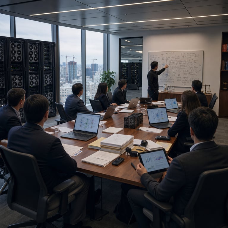 Inside a spacious modern conference room on the upper floor of a glass-clad technology headquarters building in San Francisco the scene shows a long rectangular polished wood table surrounded by eight anonymous professionals wearing dark business suits and dress shirts seated in ergonomic office chairs with their backs or sides facing the viewer to avoid any facial recognition. On the table surface rest multiple open laptop computers displaying intricate multicolored neural network architecture diagrams and training loss curves without any readable text or logos. Stacks of plain white paper documents and manila folders lie scattered across the table alongside wireless presentation clickers and closed notebooks. In the background along one wall stand tall black server racks with visible GPU accelerator cards and cooling fans humming indicating active frontier-scale AI model training hardware. Large floor-to-ceiling windows reveal an overcast city skyline with distant construction cranes symbolizing ongoing infrastructure growth tied to compute scaling. One standing anonymous figure points toward a wall-mounted whiteboard covered in handwritten equations and flowcharts representing regulatory impact analysis on model development. Another seated individual holds a tablet showing side-by-side comparison charts of closed frontier lab capabilities versus open-weights model performance metrics. The overall environment includes subtle details such as potted plants in corners, recessed LED ceiling lighting casting even illumination across the room, a water pitcher and glasses on a side credenza, and a distant view through an open doorway into an adjacent workspace containing additional racks of compute hardware. The composition emphasizes the tension between concentrated frontier development resources and policy discussions aimed at balanced regulation that could affect labs like those associated with Anthropic while influencing competitors such as those linked to OpenAI and Meta through structural scaling dynamics. Additional elements include a California state legislative reference book on a shelf without visible lettering, a small model of a data center rack on the table as a symbolic object, and generic office supplies arranged neatly to convey a professional policy and technology intersection meeting focused on targeted oversight of advanced AI systems rather than broad mandates.