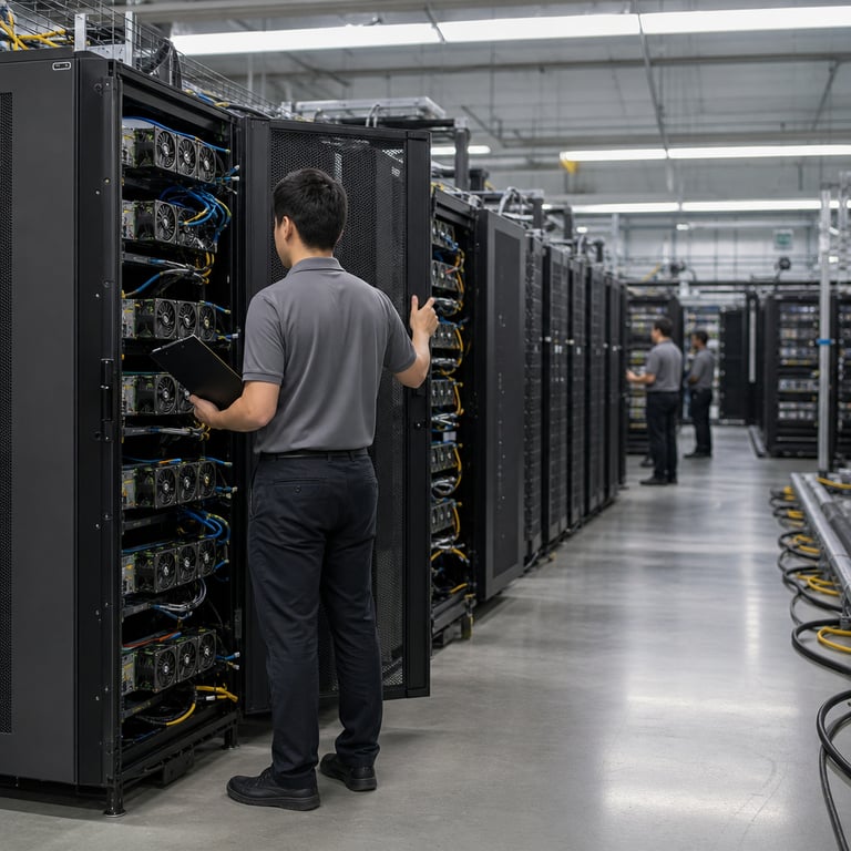 Inside a brightly lit expansive data center facility filled with neatly aligned rows of tall black server racks equipped with visible arrays of high performance graphics processing units and interconnected networking cables the scene captures an anonymous technician wearing a plain gray polo shirt and dark trousers standing with their back turned toward the camera while holding a generic black clipboard and examining the front panel of one open rack unit containing multiple parallel processing boards the environment features polished concrete flooring reflective metal surfaces overhead fluorescent lighting casting even illumination across the space numerous cooling fans spinning inside the racks bundles of thick power cables running along the floor and walls organized cable management trays mounted on the sides of each rack unit and distant figures of additional anonymous personnel in similar attire working at other server rows without any visible screens interfaces or markings the composition emphasizes the hardware infrastructure used for deploying advanced artificial intelligence models including those developed for speculative decoding acceleration techniques applied to specific language model architectures such as large scale transformer based systems the technician figure is positioned slightly off center with one hand resting on the rack door another holding the clipboard the surrounding area shows additional open racks revealing internal components like heat sinks memory modules and interconnects all arranged in a professional operational setting that represents the practical implementation of open source toolkits for improving inference speeds on models associated with organizations focused on frontier artificial intelligence research the overall atmosphere conveys a sense of methodical technical work in a controlled high security computing environment dedicated to hosting and serving machine learning assets from public repositories the depth of field keeps the foreground technician and immediate server hardware in sharp focus while softly blurring the background rows of identical equipment to highlight the scale of the installation without introducing any elements that distract from the core subject of AI model deployment infrastructure