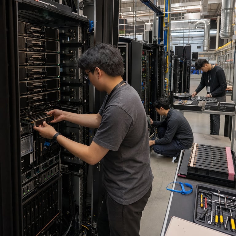 Inside a large industrial data center facility with rows of tall black server racks filled with densely packed GPU accelerator cards and cooling systems, several anonymous engineers wearing neutral colored casual clothing and safety badges work methodically around open hardware bays. One engineer in the foreground uses both hands to carefully align and attach a compact rectangular accelerator module onto a primary compute board seated within a rack unit, representing the integration of an optimization module to existing model checkpoints. Nearby another engineer kneels beside a separate rack examining bundles of high speed interconnect cables while a third stands at a workstation table sorting through stacks of reference hardware boards labeled only by generic part numbers. The environment features concrete flooring, overhead ventilation ducts, LED status indicator lights on equipment panels, and multiple identical server chassis doors propped open to reveal internal circuit boards and memory modules. In the background additional racks extend into the distance with visible power distribution units and liquid cooling manifolds running along the aisles. The scene captures the engineers collaborating on hardware assembly tasks that symbolize full stack training code deployment and extension of speculative decoding support across varied model families including representations of advanced inference optimized systems. Every surface shows realistic wear patterns on metal casings, organized tool trays with screwdrivers and anti static wrist straps, spare component bins, and diagnostic probes placed on adjacent surfaces without any visible markings or displays. The composition centers on the physical act of module attachment within a production scale computing environment illustrating measurable performance enhancements through hardware level modifications in a live operational setting.