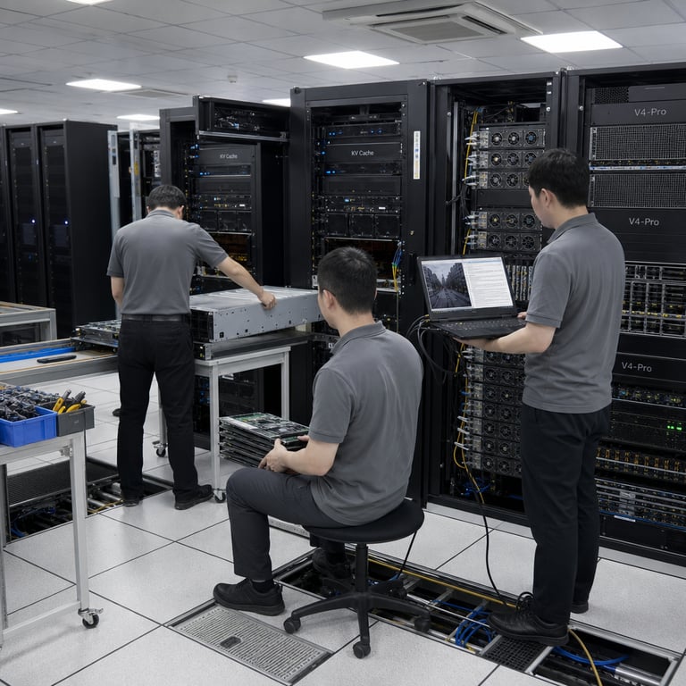 Inside a brightly lit corporate data center facility with rows of tall black server racks filled with densely packed GPU modules and networking cables the scene shows three anonymous technicians wearing plain gray polo shirts and dark trousers working at a central workstation table. One technician stands with back to viewer leaning forward to adjust a large metal server chassis pulled partially out on rails while another technician sits on a rolling stool holding a thick stack of printed circuit boards representing open model weights and the third technician stands nearby holding a laptop connected via thick black cables to the server rack. The laptop screen displays a split interface with one side showing a realistic photograph of a city street scene being processed for native vision capabilities and the other side showing a long scrolling document window indicating one million token context handling. In the background multiple server racks feature visible KV Cache modules and cooling fans with status indicator lights in green and blue. The floor consists of raised white tiles with underfloor cabling visible through open panels and the walls are lined with additional equipment bays holding V4-Pro reference hardware units. The overall environment includes overhead fluorescent lighting panels industrial air conditioning vents and safety signage without any lettering. The technicians have generic short haircuts and no distinguishing facial features visible due to natural positioning and the entire composition focuses on the hardware setup demonstrating the Causal Encoder-Decoder architecture efficiency of the DeepSeek-V4.1-Flash model release hosted on Hugging Face with sharply reduced parameter activation for frontier cost savings. Additional details include neatly organized tool trays on the table containing screwdrivers cable ties and spare connectors scattered diagnostic cables on the floor and a distant view of more server aisles receding into the facility depth with consistent color scheme of black metal gray plastics and blue accent lights throughout the realistic live-action photograph.