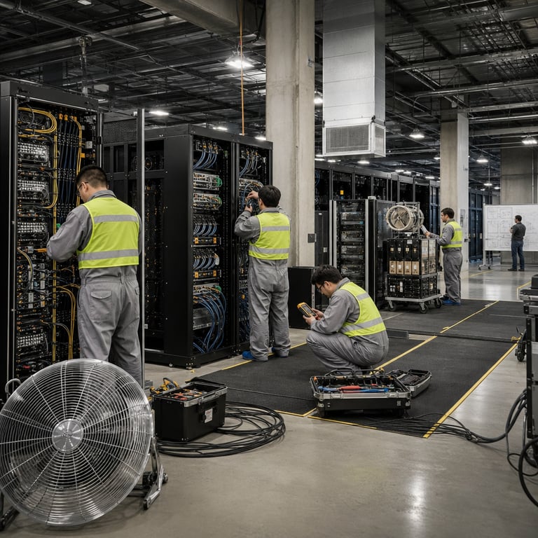 Inside a vast industrial data center hall with polished concrete floors and exposed metal ceiling beams a team of anonymized technicians wearing plain gray coveralls and safety vests works with their backs turned to the viewer installing rows of new dense server racks that represent the efficient DeepSeek V4.1-Flash MoE release the racks feature matte black chassis with visible high-density compute modules dense bundles of fiber optic cables and liquid cooling pipes snaking between units symbolizing the 552B parameter scale and mixture of experts architecture one rack section shows integrated vision processing hardware with attached camera arrays capturing and processing real world objects like circuit boards and mechanical components on nearby workbenches illustrating native vision capabilities another area displays extended memory modules and storage arrays evoking the 1M context length with long reels of data tapes and stacked solid state drive trays being swapped in by the technicians older bulkier server cabinets labeled only by their physical size differences are being disconnected and rolled away on dollies representing the previous V4-Pro hardware being phased out the floor is covered with organized cable management trays and anti static mats while ventilation grilles and industrial fans maintain airflow around the equipment a distant supervisor stands near a whiteboard covered in non textual diagrams of performance graphs and cost curves the entire scene emphasizes operational efficiency and cost reduction through the compact modern hardware footprint compared to the bulkier legacy units being removed the lighting comes from overhead industrial fixtures casting even illumination across the metallic surfaces and the concrete pillars separating the rack rows technicians handle tools such as torque wrenches and cable testers while one figure examines a handheld diagnostic device showing abstract waveform patterns without any readable characters the background reveals additional rows of identical new racks stretching into the distance with occasional glimpses of external windows revealing a gray industrial exterior the composition focuses on the tangible hardware transition the physical act of deployment the cooling infrastructure the cable density and the human labor involved in bringing online the lower cost higher performance system all elements remain strictly real world photographic without any overlaid graphics symbols or markings