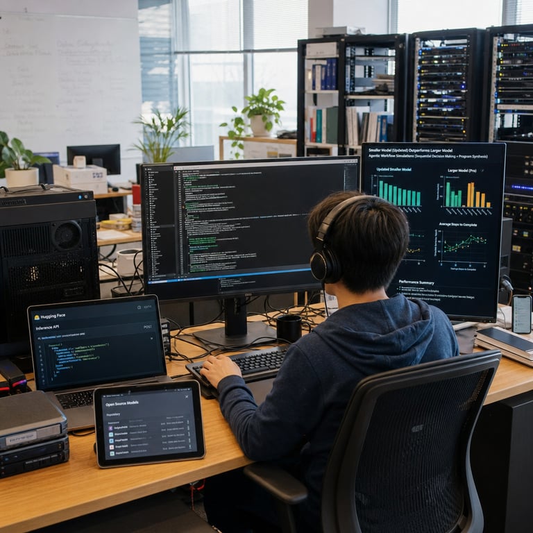 In a contemporary technology research workspace bathed in natural daylight from large windows a software engineer wearing casual attire and headphones sits centered at an expansive wooden desk cluttered with precise technical equipment including a high performance workstation tower multiple flat panel displays and external hard drives connected via visible cables the primary monitor displays a detailed terminal interface actively running command sequences for code execution tasks while an adjacent screen presents side by side performance visualizations comparing outputs from two distinct artificial intelligence systems one labeled as the updated smaller model outperforming the larger counterpart on agentic workflow simulations involving sequential decision making and program synthesis the desk surface also holds a laptop open to an application programming interface dashboard indicating remote access to model endpoints and a nearby tablet showing repository listings for open source model weights the background features organized server racks with blinking status indicators representing distributed mixture of experts computational infrastructure along with neutral colored office partitions and potted plants creating a calm productive environment that emphasizes real world deployment of advanced language models for terminal based coding benchmarks the engineer leans slightly forward with hands positioned on a keyboard and mouse executing test prompts that highlight efficiency gains from recent re post training refinements the overall composition includes subtle hardware details such as cooling fans network switches and documentation folders referencing model variants all arranged to convey the practical advantages of the compact yet superior system in everyday developer scenarios without any overlaid graphics or identifiers the scene captures the essence of accessible frontier artificial intelligence tools through tangible elements like Ethernet connections power supplies ergonomic chair and ambient room lighting that together illustrate the story of benchmark superiority in code and agentic domains following model updates with emphasis on practical availability for users exploring capabilities in professional settings the composition remains grounded in authentic office elements including whiteboard markers in the distance and reference manuals on shelves to reinforce the narrative of innovation in scalable open licensed artificial intelligence solutions the engineer appears anonymous from a three quarter rear angle focusing attention on the hardware and interfaces that symbolize the performance edge of the flash variant over the pro edition in real terminal operations and coding evaluations the entire view avoids any human facial recognition risks by keeping the subject back turned and generic while densely packing visual information about the workspace to reflect the technical subject matter of model comparisons on Hugging Face hosted resources and API integrations for enhanced task performance