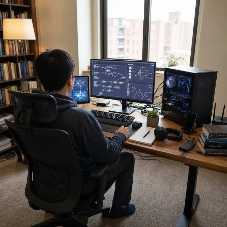 A person viewed from behind sits in an ergonomic office chair at a simple wooden desk inside a modest residential apartment room working on a consumer grade desktop computer system featuring a standard mid tower PC case with transparent side panel exposing internal components including motherboard graphics card and cooling fans all connected via visible cables to a primary flat panel monitor and a secondary smaller display screen both showing complex graphical user interfaces of artificial intelligence agent workflows including flowchart diagrams decision trees data flow visualizations and simulated task execution sequences without any letters numbers or symbols present on the screens the desk surface holds a full size keyboard a wireless mouse a blank paper notebook with pen a ceramic mug a small succulent plant in a pot a pair of over ear headphones a stack of closed reference books on computing topics an external solid state drive several neatly bundled USB and power cables a smartphone resting in a stand and a wireless router placed at the far edge the background includes a tall bookshelf packed with technology volumes a closed window overlooking neighboring residential buildings a floor lamp a small side table with additional electronic accessories and a carpeted floor area the entire setup emphasizes local execution of an efficient mixture of experts model on everyday personal hardware suitable for advanced open agentic applications comparable in capability to other leading systems while remaining practical for individual users in non professional environments the scene captures the integration of DeepSeek technology within a typical home workspace environment that also references performance benchmarks against GLM-5.2 and Kimi K3 through the implied context of model testing and local deployment on accessible equipment like the DeepSeek-V4-Pro variant without any specialized data center infrastructure visible anywhere in the frame every element from the precise arrangement of cables to the positioning of household objects and the posture of the anonymous figure contributes to a cohesive real world depiction of accessible frontier model usage in daily settings