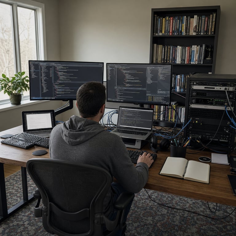 An anonymous software engineer sits with their back to the viewer at a spacious wooden desk in a modern home office setting filled with computer hardware and coding equipment the workspace features two large external monitors mounted on adjustable arms connected to a high performance laptop placed on a stand multiple keyboards and mice are arranged neatly on the desk surface along with a small server rack positioned to the side holding several stacked computing units with visible ventilation grilles and indicator lights a tangle of black and blue cables connects the devices together on the desk surface there are open notebooks with blank pages a wireless charging pad and a cup holding pens and pencils the engineer wears a plain gray hoodie and is actively typing on the keyboard while viewing code interfaces on the screens the overall environment includes a large window with natural daylight streaming in illuminating the room a bookshelf filled with technical manuals stands against the back wall a potted plant sits on the windowsill and a second chair is pulled up nearby suggesting collaborative work the scene emphasizes the hardware setup used for testing efficient AI variants against larger flagship models in agentic code workflows with focus on multi step programming tasks the desk also holds a tablet device propped up for reference and a pair of over ear headphones resting beside the laptop the floor has a subtle patterned rug and the walls are painted a neutral light gray color creating a calm productive atmosphere without any visible logos or markings the entire composition centers on the real world interaction between the human operator and the array of computing tools representing the performance parity achieved by optimized smaller models in benchmark evaluations for complex terminal based coding challenges the details include precise positioning of each cable the texture of the wooden desk grain the matte finish on the monitor bezels the ergonomic design of the keyboard with its raised keys the subtle shadows cast by the equipment under ambient room light the arrangement of the server units in the rack showing their compact form factors and the way the engineer leans slightly forward indicating concentration on the task at hand this captures the essence of public beta testing for advanced API tools focused on closing gaps in agentic workflows through targeted post training methods applied to code centric applications the scene avoids any symbolic or abstract elements staying strictly within a documentary style capture of a typical technology workspace dedicated to evaluating model capabilities on sequential reasoning problems in software development environments