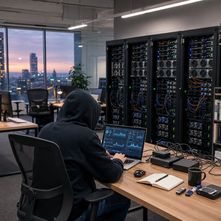 In a modern open-plan technology development office with floor-to-ceiling windows overlooking an urban skyline at dusk, an anonymous software engineer wearing a plain dark hoodie and jeans sits at a clean wooden desk facing away from the camera. The engineer is focused on a laptop displaying abstract graphical interfaces without any readable content, surrounded by multiple external hard drives and network cables neatly organized on the desk surface. Behind the engineer, tall server racks filled with blinking indicator lights and cooling fans line the wall, representing backend infrastructure for large-scale AI model deployment. The room features neutral gray walls, ergonomic office chairs, potted plants, and scattered technical reference books on shelves. On the desk are additional items including a wireless mouse, a notebook with blank pages, a coffee mug, and USB storage devices. The overall environment conveys a professional workspace dedicated to testing and integrating new API capabilities for agent-based systems, with emphasis on expansive data handling capacity through the visible scale of connected hardware and the engineer's concentrated posture during a late workday session. Subtle reflections from overhead LED panels illuminate the scene evenly, highlighting the texture of the wooden desk grain, the matte finish of the server enclosures, the fabric of the hoodie, and the precise arrangement of cables running from the laptop to peripheral devices. The background includes additional workstations with similar setups, empty meeting rooms visible through glass partitions, and a distant view of city lights suggesting ongoing global connectivity. This composition centers on the tangible elements of AI infrastructure rollout, including the physical hardware supporting high-capacity context processing and response generation features introduced in recent software updates. The engineer’s hands rest on the keyboard in a natural typing position, while the server racks extend into the depth of the frame, underscoring the robust, scalable nature of the technology platform being prepared for broader developer access and performance evaluation on standard benchmarks.