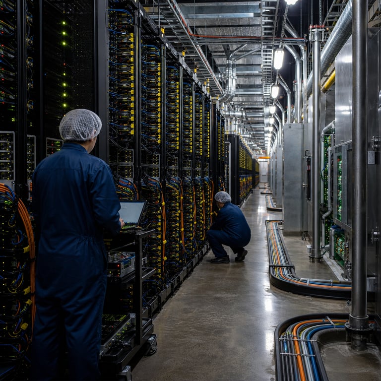 Inside a sprawling high-security data center complex situated in a major Chinese technology hub, endless parallel rows of matte-black server racks stretch into the distance under a high ceiling lined with industrial ventilation ducts and overhead cable trays. Each rack is densely packed with rows of high-density GPU accelerator cards connected by thick bundles of multicolored fiber-optic and power cables that snake across the floor in organized conduits. Several technicians wearing plain navy-blue coveralls and hairnets stand with their backs to the viewer, one kneeling to inspect a rack-mounted compute node while another stands at a nearby diagnostic cart holding a tablet. Large silver cooling heat exchangers and chilled-water pipes run along the walls between the racks, with condensation droplets visible on metal surfaces. The polished concrete floor reflects the steady glow of small status indicator LEDs in green and amber hues scattered across the hardware. In the background, a secondary aisle shows additional racks with open side panels revealing intricate internal circuit boards and liquid-cooling manifolds. The overall atmosphere conveys intense operational activity supporting large-scale AI model inference workloads, with visible emphasis on hardware density and thermal management systems that enable competitive token processing. No signage, screens displaying readable content, or any written markings appear anywhere in the environment. The scene remains strictly focused on the physical infrastructure, anonymous personnel, and industrial setting that underpins the ongoing global competition between advanced Chinese AI systems and established Western counterparts in the inference services market.