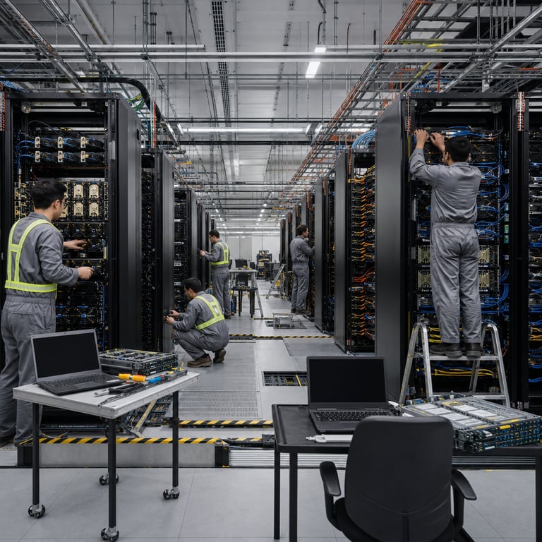 A single continuous real-world scene inside a vast anonymous data center facility filled with endless rows of identical black server racks stretching into the distance each rack packed with dense clusters of high-performance GPU modules interconnected by thick bundles of colored fiber optic cables and power lines running along the floor and ceiling the racks divided into two distinct sections one section containing older lower-density hardware configurations with visible older generation accelerator cards and standard cooling fans the other section featuring newer high-density blade servers with advanced liquid cooling plates and compact multi-chip modules representing upgraded frontier artificial intelligence inference hardware several anonymized technicians wearing plain gray coveralls and safety vests working methodically at open rack doors one technician inserting a replacement accelerator card into a slot while another routes additional cabling between adjacent units a third technician kneeling to inspect power distribution units at the base of a rack a fourth standing on a small step ladder adjusting ventilation components at the top of a taller rack the floor covered with raised access panels revealing underfloor cabling pathways and cooling ducts the walls lined with monitoring panels showing abstract graphical readouts without any legible characters or symbols generic office chairs and rolling tool carts scattered throughout the space with toolboxes open displaying screwdrivers multimeters and spare electronic components the overall environment conveying intense industrial activity around competing generations of artificial intelligence hardware infrastructure symbolizing escalating development and cost pressures in the frontier models sector between organizations focused on low-cost high-performance API offerings and established providers implementing price adjustments on their latest model variants the scene includes multiple workstations with blank-screen laptops placed on portable tables alongside stacks of technical manuals and hardware specification sheets turned face down to avoid any visible markings or identifiers additional details include overhead cable trays filled with neatly bundled wires emergency exit signs without text reflective safety tape on the floor edges and distant views of more server aisles receding into perspective creating a sense of scale and ongoing operational intensity focused purely on the physical hardware and human maintenance activities without any digital overlays or textual elements present anywhere in the frame.