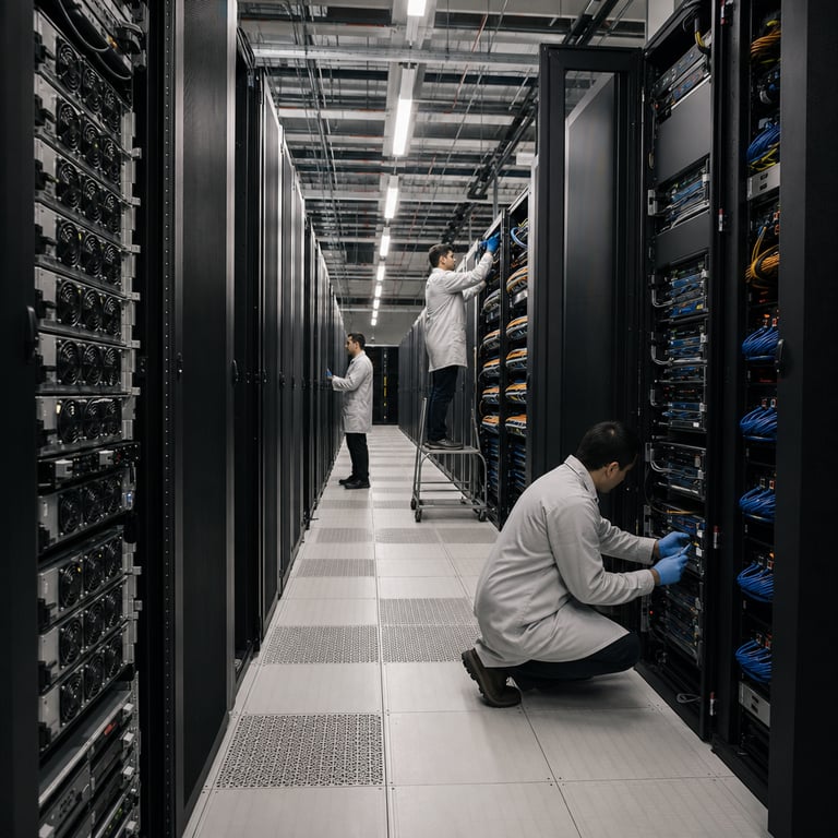 A vast expansive interior of a modern high security data center facility features multiple parallel rows of tall black server racks extending into the distance each rack densely packed with visible networking cables power supplies and cooling vents humming with operational activity several anonymous technicians wearing neutral colored lab coats and safety gloves stand at various positions along the aisles performing routine hardware inspections one technician kneels to examine connections at the base of a rack while another stands on a small platform accessing upper modules with tools in hand the floor consists of raised perforated tiles allowing airflow beneath the entire setup overhead industrial lighting illuminates the space evenly with visible dust particles in the air and environmental monitoring sensors mounted on walls the scene captures the infrastructure supporting large scale AI model deployments including optimized versions for high performance inference and rapid response tasks alongside the transition away from older systems through the presence of upgraded hardware configurations and efficient cable management representing new pricing models applied to accessible open weight AI systems the technicians move methodically among the equipment symbolizing the rollout of general availability for advanced AI APIs with focus on V4 series enhancements for professional and accelerated variants the environment includes backup power units visible through open rack doors bundles of fiber optic cables color coded for organization cooling fans spinning steadily and distant views of additional server banks indicating massive computational capacity dedicated to handling peak API demands in a controlled corporate technology environment with no visible markings or identifiers on any surfaces emphasizing the physical reality of scaling AI services from development to widespread commercial access through optimized hardware deployments and legacy system replacements the detailed view shows precise arrangements of components like GPU modules memory banks and interconnects all contributing to reliable service delivery for users accessing these models globally.