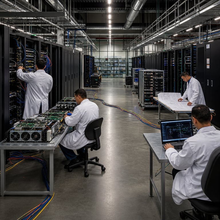 Inside a vast climate-controlled data center facility filled with neatly aligned rows of tall black server racks emitting subtle indicator lights in cool blue tones the scene captures multiple anonymous technicians wearing standard white lab coats and dark trousers working methodically at various stations one technician stands with back to viewer adjusting connections on a rack dedicated to large-scale mixture of experts model hardware another technician sits at a long metal workbench surrounded by open chassis revealing intricate circuit boards and cooling fans a third figure reviews printed schematics spread across a nearby table while a fourth operates a laptop displaying abstract graphical interfaces representing agent workflows and reasoning processes cables in multiple colors snake across the polished concrete floor linking separate hardware clusters symbolizing direct compatibility between advanced model architectures and external API formats additional racks in the background house components associated with lighter faster variants of the same model family a large central aisle leads toward a glass-walled section containing organized storage units holding documentation binders and testing equipment the overall environment features reflective metallic surfaces industrial ventilation ducts overhead and subtle reflections on the floor from overhead lighting arrays creating depth and realism the technicians appear focused on production readiness tasks such as verifying multi-level reasoning configurations and ensuring seamless integration points for external developer tools without any visible markings or identifiers on equipment the composition emphasizes scale of the infrastructure supporting one point six trillion parameter systems through detailed views of rack-mounted power supplies dense cabling bundles and modular component arrays arranged in logical sequences the floor shows faint scuff marks from regular foot traffic and equipment carts positioned at intervals along the aisle walls lined with additional monitoring panels and safety signage in generic forms the entire view presents a live operational moment of AI infrastructure deployment highlighting enhancements for autonomous agent capabilities and parity features in a professional high-tech setting with precise attention to textures like brushed aluminum panels matte black rack exteriors and the varied fabrics of work attire all elements arranged to convey technological advancement in frontier model releases through tangible hardware and human activity in a real industrial space.