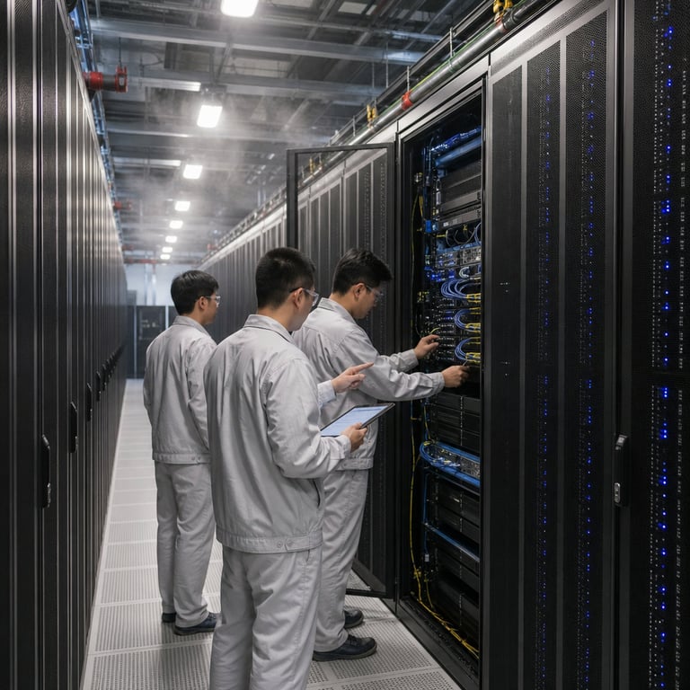 Inside a vast temperature-controlled data center facility multiple long parallel aisles stretch into the distance lined with identical tall black server racks each rack featuring evenly spaced vertical slots holding dense compute blades with small blue indicator LEDs illuminated in steady patterns and thick bundles of fiber optic cables routed in overhead trays and neatly secured along the sides with velcro ties the floor consists of raised white perforated tiles allowing cool air to flow upward from underfloor plenums while the ceiling holds exposed HVAC ducts and fire suppression pipes a group of three anonymous technicians wearing light gray coveralls and safety glasses stand with backs facing the viewer one technician holds a tablet device and points toward an open rack door revealing internal components another technician adjusts a cable connection while the third observes a nearby control panel area the environment includes visible cooling fans spinning inside the racks condensation on chilled water pipes running along the walls and faint mist from humidification systems the overall scene conveys operational activity during reduced demand periods with some rack sections powered down showing darker unlit sections contrasted against active glowing areas symbolizing flexible resource allocation and off-peak rate adjustments the technicians appear engaged in routine monitoring and configuration tasks related to large scale AI inference hardware deployment with no visible screens displaying any readable content or branding the background shows additional racks receding into perspective with consistent spacing and identical hardware configurations emphasizing scale and uniformity of the installation environment subtle reflections on polished metal surfaces from overhead lighting fixtures create depth and the air appears slightly hazy from particulate filters in the ventilation system overall composition focuses on the hardware infrastructure and human operators interacting directly with the physical systems in a realistic industrial setting without any superimposed elements or distractions
