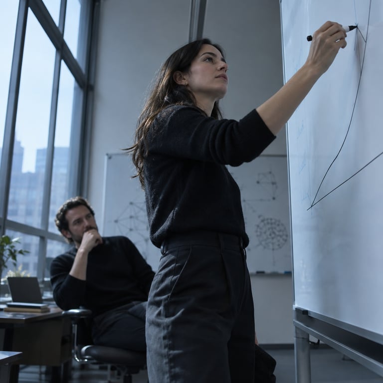 Researcher's hand drawing a curve on a whiteboard in a sunlit office