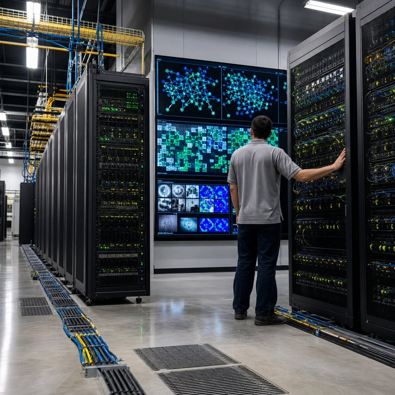 A spacious modern data center interior features multiple tall black server racks aligned in precise rows across a polished concrete floor with visible cooling vents and bundled fiber optic cables running along overhead trays and floor channels. An anonymous technician wearing a plain gray polo shirt and dark pants stands with their back facing the viewer in the middle ground positioned between two server racks one hand resting on a rack door while gazing toward a bank of large flat panel monitors mounted on a nearby wall. The monitors display complex abstract visualizations including layered network diagrams with interconnected nodes representing mixture of experts routing paths dense clusters of parameter blocks highlighted in varying shades of blue and green and detailed image analysis grids showing processed visual elements such as object boundaries and feature maps without any legible characters or symbols. Subtle indicator lights in green and amber glow steadily on the server fronts and cable connectors suggesting active computation cycles. The background includes additional racks receding into the distance with faint reflections on the glossy floor and organized bundles of power and data cables neatly secured with black ties. The overall environment emphasizes industrial scale hardware infrastructure supporting large scale artificial intelligence systems with emphasis on efficient resource utilization through selective activation mechanisms and extensive memory handling for long sequence inputs alongside integrated visual data processing pipelines. The scene captures a moment of operational oversight in a controlled technical facility dedicated to frontier model deployment where hardware configurations enable reduced active computation loads while maintaining high capacity for contextual understanding and multimodal inputs. Every detail from the textured metal surfaces of the racks to the precise arrangement of ventilation grilles and the ergonomic posture of the technician contributes to a realistic live action documentation of contemporary AI research infrastructure focused on advanced model architectures like the DeepSeek series innovations in parameter efficiency and context scaling.