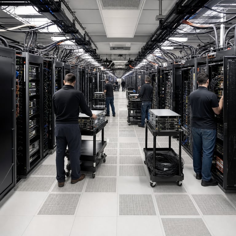 Inside a large enterprise data center operated by Dell Technologies, anonymous technicians in dark business casual clothing stand with their backs to the viewer while methodically moving individual server units from scattered temporary carts into four centralized high-density rack clusters positioned along the main aisle. Each cluster groups previously separate hardware into unified blocks dedicated to distinct AI workloads, with thick black power cables and fiber optic lines neatly routed through overhead trays and under raised perforated floor tiles. The server racks themselves are uniform matte black rectangular enclosures filled with dense blade modules, storage arrays, networking switches, and specialized accelerator cards, all aligned in precise rows that visibly reduce the total footprint compared to the remaining loose equipment staged along the side walls. HVAC vents integrated into the ceiling deliver steady airflow across the equipment surfaces while the floor tiles allow cool air to rise directly into the rack bases. Multiple rolling tool carts hold spare components and cabling spools, positioned between the clusters to support the ongoing consolidation process. In the mid-ground, one technician adjusts mounting rails inside an open rack door while another connects bundled cables between adjacent units, illustrating the physical merging of nine hundred prior projects into the four focused zones. The background shows the full length of the facility with additional identical rack rows extending into the distance, emphasizing the scale of the infrastructure supporting revenue growth and cost efficiencies. Every surface is clean industrial metal or composite material with no markings, and the entire composition centers on the tangible hardware and human actions of consolidation without any visible text or symbols.