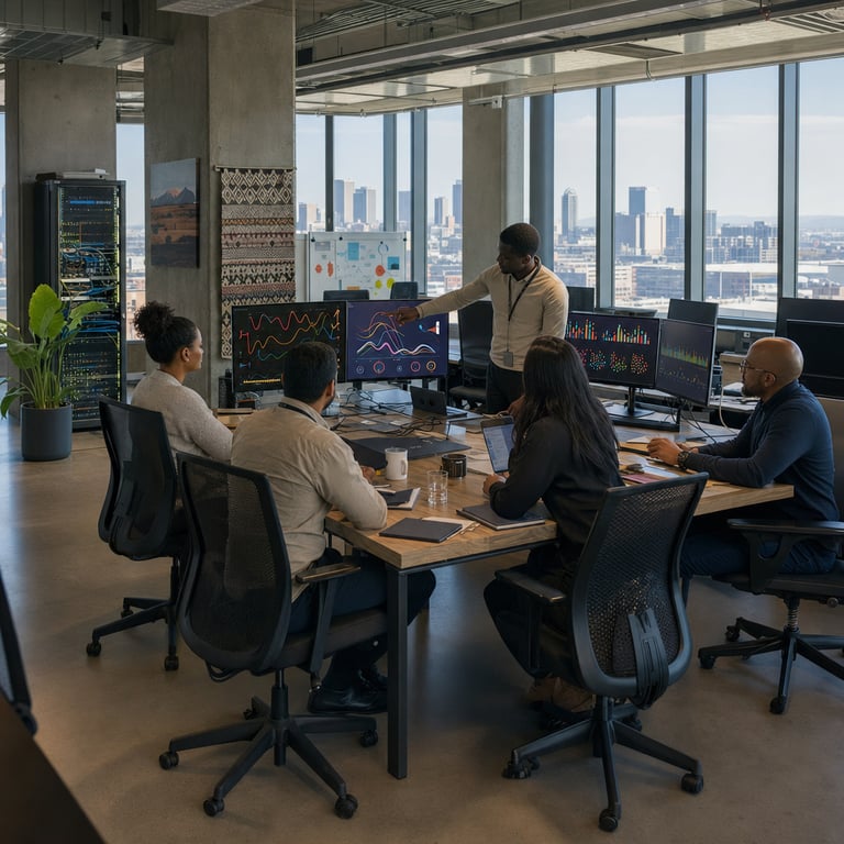 Inside the bright open-plan headquarters office of a South African digital bank in Johannesburg a group of anonymous employees wearing neutral business casual clothing sit around a long rectangular wooden table covered with closed laptops notebooks and pens the employees have their backs or sides to the camera and faces turned toward each other or toward multiple flat-screen monitors placed along the table the monitors display only abstract multicolored line graphs bar charts and icon-based diagrams without any legible text numbers or logos the diagrams represent patterns in customer transaction sequences and flagged anomalies for fraud detection one standing employee points at a shared monitor while two seated colleagues lean forward in discussion the room features floor-to-ceiling windows revealing the Johannesburg skyline under clear daylight with sunlight casting soft shadows across the space additional background workstations hold rack-mounted server hardware and network switches suggesting connections to cloud-based data platforms the walls include subtle South African cultural motifs such as patterned textiles and landscape photographs but no branding or text the employees represent a diverse mix of ages and ethnicities typical of the local workforce all engaged in collaborative review of behavioral analytics outputs for service personalization and loss reduction the table surface also holds generic office items including ceramic coffee mugs water glasses and a few scattered paper reports with blank or graphical covers ergonomic office chairs with mesh backs surround the table and a large potted plant stands in one corner the overall environment conveys a functional high-technology workspace dedicated to processing large-scale customer data streams through integrated analytics and artificial intelligence tools the scene includes visible elements like USB cables connecting devices and a whiteboard in the far background covered only in colored shapes and arrows the composition remains a single continuous live-action view capturing the daily reality of enterprise teams working on fraud-prevention pipelines and personalization engines inside a real digital bank setting with no overlays no split views and no readable content anywhere the lighting is even natural daylight supplemented by recessed ceiling fixtures the architectural details include exposed concrete pillars and polished concrete floors typical of modern Johannesburg commercial buildings the employees wear lanyards with blank ID holders and simple wristwatches the entire tableau illustrates the operational deployment of advanced behavioral AI systems within a South African financial institution focused on measurable business outcomes such as accelerated data workflows and reduced financial losses