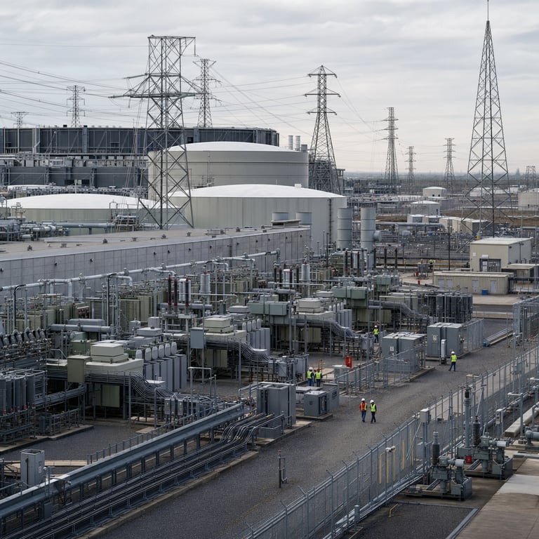 The scene shows the expansive exterior of the Colossus Gas Plant and adjacent data center complex operated by xAI Corp. featuring rows of massive industrial transformers high-voltage transmission towers and thick insulated power cables feeding directly into the facility to sustain continuous operation of the Grok AI hardware systems. Large cylindrical gas storage tanks sit beside compressor buildings with visible pipeline networks carrying fuel to on-site generators and backup power units positioned along the perimeter fence line. Concrete foundations support cooling towers emitting faint vapor plumes while ventilation stacks rise from the main data center structure whose exterior walls incorporate numerous access panels and conduit runs for high-capacity electrical distribution. Anonymous personnel wearing generic safety helmets reflective vests and work boots move methodically across gravel and paved service roads carrying diagnostic equipment tool kits and inspection logs as they examine substation equipment and valve controls. Additional industrial elements include secondary electrical substations with metal enclosures circuit breakers and surge arrestors arrayed in orderly grids alongside underground cable vaults marked only by access covers. The surrounding landscape consists of flat industrial terrain with chain-link security fencing topped by sensors and distant views of support buildings used for maintenance storage and logistics. The overall composition emphasizes the scale of power infrastructure required to maintain classified AI operations supported by the Department of Justice and Department of Defense arguments in ongoing legal proceedings involving the NAACP lawsuit against the Colossus facility with every visible component focused on hardware power delivery cooling systems and secure perimeters without any written markings or human facial details. Further details encompass multiple layers of redundant power pathways including overhead lines buried conduits and mobile generator trailers staged for emergency deployment all integrated into the operational flow of the gas plant supplying energy to the server halls inside the data center where Grok model training and inference workloads occur on specialized accelerator racks. The scene captures the interconnected nature of energy production AI computation and national security infrastructure through the physical arrangement of pipes valves transformers towers and access roads that enable uninterrupted functionality for defense-related missions.