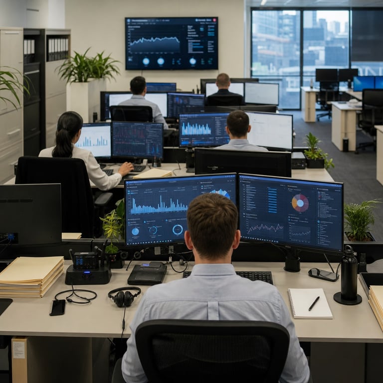 In a contemporary open-plan office environment at the UK payments provider Dojo a group of anonymized back-turned office workers sit at rows of clean modern desks each equipped with multiple flat screen computer monitors keyboards and mice where the screens display complex data visualizations charts and workflow interfaces representing transaction handling and dispute resolution tasks accelerated by scaled custom AI agents from the Gemini Enterprise Agent Platform integrated with Google Cloud infrastructure. The workspace includes neatly arranged stacks of physical folders containing financial transaction records blank notepads pens and headsets placed beside the monitors symbolizing operational efficiency gains in processing payment disputes without any visible text or markings. Neutral toned walls and large windows revealing a blurred urban UK cityscape form the background along with potted green plants placed on divider panels and collaborative meeting tables holding additional laptops and tablets in the distance. Filing cabinets line one side of the room with organized compartments suggesting secure storage for sensitive payment documents while cables are routed discreetly under the desks maintaining a professional uncluttered appearance. Business casual clothing on the figures includes button down shirts and slacks appropriate for a fintech operations team focused on dispute resolution workflows. Additional elements include ergonomic office chairs positioned at each station water bottles and coasters on the desk surfaces and subtle hardware indicators of cloud connectivity such as router devices and external drives referencing the Gemini Enterprise integration that enables seventy percent faster processing times across operations. The entire scene emphasizes real world elements like multiple monitor setups showing anonymized graph patterns for transaction flagging and resolution tracking soft lighting from overhead fixtures reflecting off the screens and a sense of collaborative yet focused activity among the team members handling daily volumes of payment disputes through AI assisted tools developed in partnership with SoftServe. Further details encompass the precise arrangement of peripheral devices including wireless mice charging stations document trays filled with blank paper and wall mounted displays showing abstract performance metrics all contributing to an atmosphere of measurable efficiency in UK based financial services operations centered on Gemini Enterprise Agents for dispute processing and transaction management.