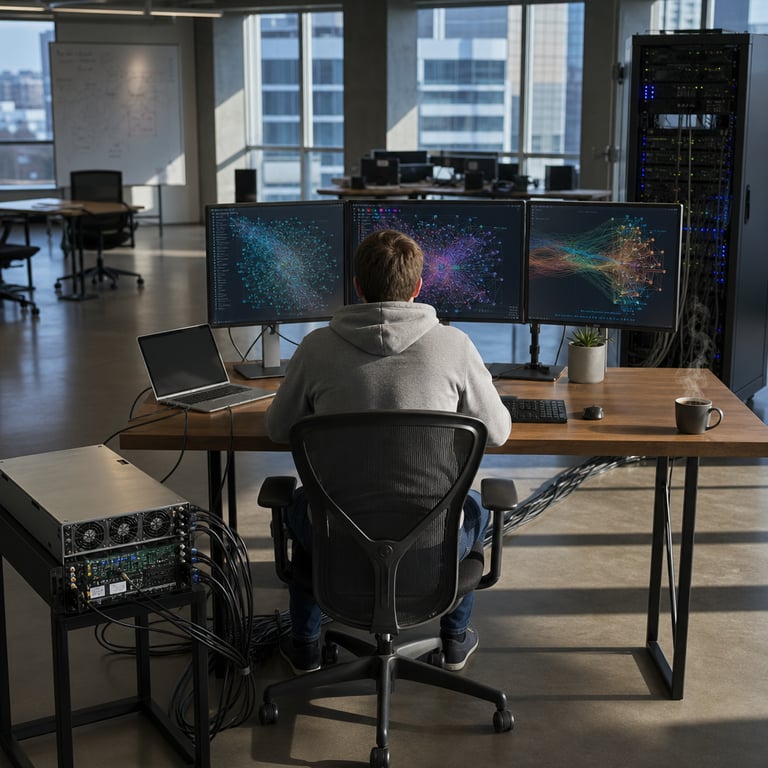 A single realistic live-action photojournalistic scene inside a contemporary minimalist technology workspace featuring an anonymous male figure viewed strictly from behind seated at a clean wooden desk in a sunlit open-plan office environment with large windows overlooking an urban skyline. The figure wears a plain gray hoodie and dark jeans with short brown hair and is positioned centrally facing three large flat-screen computer monitors arranged side by side on the desk displaying abstract colorful neural network diagrams and data flow visualizations without any legible text numbers or logos. On the desk surface to the left rests a silver laptop connected via thick black ethernet cables to a visible rack-mounted server unit with exposed cooling fans and circuit boards representing high-capacity model hosting hardware. To the right of the monitors sits a small potted succulent plant next to a wireless keyboard and mouse with a steaming ceramic coffee mug nearby. In the background along the wall stands a tall black server cabinet with blinking indicator lights and bundled cables running along the floor emphasizing infrastructure for large language model deployment. The overall environment includes additional empty office chairs scattered around low modern furniture a whiteboard with faint erased diagrams in the far corner and natural daylight casting soft shadows across the polished concrete floor. The composition focuses on the integration of advanced AI systems through visible hardware connections and workspace setup symbolizing platform accessibility for fine-tuned models developed in collaboration between specialized AI entities with emphasis on user control and extensive context handling capabilities in a professional real-world setting devoid of any words symbols or identifiable individuals.