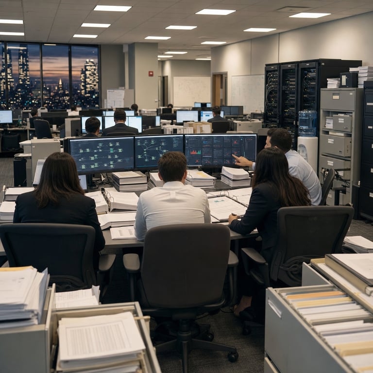 Inside a large open-plan compliance office of a regulated financial institution a group of anonymous back-turned professionals in business attire sit around a central conference table covered with physical stacks of printed regulatory binders financial ledgers and thick audit folders while multiple desktop monitors display complex agentic AI control dashboards showing partial process flows incomplete approval chains and fragmented oversight indicators the room features rows of server racks humming quietly along one wall with visible cabling and indicator lights rows of filing cabinets with half-open drawers revealing paper documents and a large window overlooking a city skyline at dusk the professionals lean forward pointing at screen elements and paper pages that illustrate eroded return metrics through handwritten annotations on charts the overall environment includes neutral corporate carpeting modular furniture water coolers and wall-mounted whiteboards covered in erased diagrams the scene captures the direct financial impact of incomplete formal governance processes for autonomous AI agents in compliance-heavy sectors with every detail emphasizing real-world hardware software interfaces physical documents and office infrastructure without any readable text logos or numbers visible on any surface the composition centers on the tension between advanced agentic systems and fragmented oversight creating measurable shortfalls in regulated operational environments the lighting is even and natural from the windows supplemented by overhead fluorescent panels the professionals wear standard office clothing with no distinguishing features the server racks contain standard enterprise hardware units the documents appear as generic printed reports and the monitors show abstract dashboard layouts representing governance gaps the entire view forms a single cohesive live-action photographable moment that directly reflects the subject of partial governance eroding ROI for agentic AI deployments inside firms subject to strict regulatory requirements the background includes additional desks with more monitors and scattered folders reinforcing the scale of the compliance operation while foreground elements focus on the central table interaction between human reviewers and the visible AI system outputs the scene avoids any depiction of specific individuals or branded items and instead emphasizes generic enterprise settings hardware configurations and the physical manifestation of incomplete oversight processes in data-intensive regulated workplaces