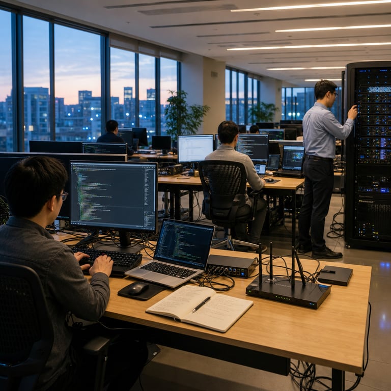 In a modern open-plan technology office with large windows overlooking an urban skyline at dusk, several anonymous professionals sit at long wooden desks arranged in rows, each focused on multiple computer monitors and laptops connected by thick bundles of black Ethernet cables and silver USB hubs resting on the desk surfaces. The professionals wear casual business attire including button-down shirts and sweaters in neutral tones of gray and navy, viewed from behind or in profile to avoid any facial recognition, with one individual typing on a mechanical keyboard while another adjusts settings on a sleek black server rack unit positioned at the end of the desk row. The server rack features rows of blinking indicator lights in blue and green, stacked hard drives, and cooling fans visible through mesh panels, symbolizing backend infrastructure for private API channels. On the desks are additional hardware elements including wireless routers with antennas, external hard drives in matte black casings, and notebooks filled with handwritten notes beside them. The environment includes potted plants on windowsills, ergonomic office chairs with mesh backs, and subtle reflections of city lights on polished floor tiles. The overall composition emphasizes the integration of consumer-grade computing hardware with enterprise-level networking equipment in a collaborative workspace setting that represents access to advanced language models through specialized chat and API platforms at competitive pricing structures. Detailed textures include wood grain on desks, metallic sheen on device casings, fabric weave on clothing, and subtle dust particles in the air illuminated by overhead LED panels and natural window light. The scene captures the quiet intensity of technical work involving large context window models from frontier AI providers, with all elements arranged to convey real-world deployment of discounted access services without any visible markings or identifiers on equipment.