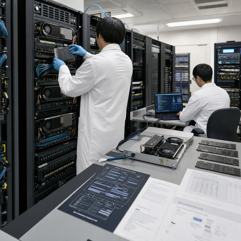 Inside a modern technology research laboratory an anonymous engineer wearing a plain white lab coat and blue nitrile gloves stands with their back to the viewer while carefully inserting a high-capacity solid-state drive into a rack-mounted server chassis. The server rack contains multiple GPU accelerator cards with visible heatsinks and cooling fans alongside bundles of fiber optic cables and power distribution units. On the adjacent workbench lie disassembled components including additional SSD modules printed circuit boards and cooling assemblies arranged in an orderly fashion. A second anonymous technician sits at a nearby desk interacting with a laptop whose screen displays dense lines of code and system monitoring graphs without any legible text or logos. The laboratory environment features white walls with ventilation grilles overhead fluorescent lighting and rows of identical server racks extending into the background. Scattered across the workbench are reference documents with charts and diagrams showing model architecture layers parameter counts context window sizes tool integration modules and self-correction feedback loops. The overall scene conveys the process of deploying and validating an open-weight artificial intelligence model derived from post-training procedures applied to an existing base model using synthetic traces. Cables connect the laptop to the server rack indicating active data transfer and inference testing. The floor shows organized cable management trays and anti-static mats. In the far background another rack holds networking equipment with status indicator lights. The composition focuses on hardware elements such as the SSD being installed the GPU cards the cooling infrastructure and the monitoring workstation to represent the technical release of a nine billion parameter model featuring one million token context capability native function calling and iterative self-correction mechanisms originating from an uncensored Qwen foundation through specialized post-training on Claude derived traces performed by Empero AI.