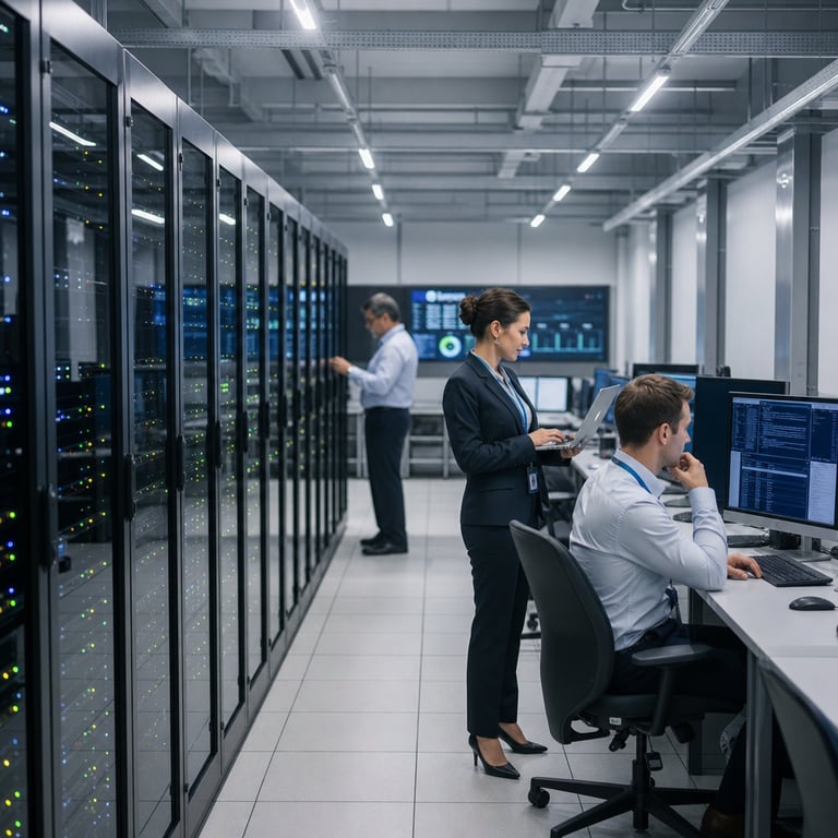 In a spacious corporate data center, anonymous technicians in business attire monitor rows of server racks and network-connected workstations that link directly to enterprise database systems and application interfaces.