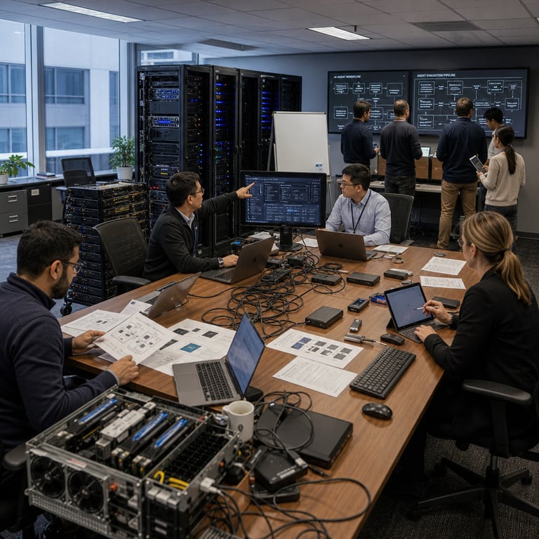 In a modern enterprise technology office a group of anonymous professionals wearing business casual attire sit around a large rectangular wooden conference table covered with open laptops connected by thick black cables to external hard drives and server units stacked on wheeled carts nearby one individual points toward a monitor displaying complex interface layouts while another reviews printed evaluation sheets placed flat on the table surface a third professional adjusts settings on a tablet device resting beside a wireless keyboard and mouse combination several additional figures stand along the perimeter of the room examining wall mounted display panels that show schematic diagrams of AI agent workflows the background features rows of tall black server racks with blinking indicator lights and ventilation grilles along with neatly arranged bundles of networking cables running along the floor edges to power distribution units the professionals interact with physical components including USB drives external SSD enclosures and diagnostic tools laid out across the table surface the room contains multiple ergonomic office chairs pushed slightly away from the table edges allowing space for movement between stations and a whiteboard on casters positioned in the corner holds attached markers in holders without any markings the overall environment includes generic office elements such as potted plants near the windowsills filing cabinets with labeled drawers containing folders and additional desks holding stacks of reference binders the scene captures the collaborative process of human experts assessing AI performance metrics through direct interaction with hardware setups and shared review of system outputs in a dedicated evaluation space typical of companies focused on enterprise AI solutions the detailed arrangement shows individuals in varied postures some leaning forward to inspect close up details on screens others comparing side by side views on separate devices with one figure holding a clipboard for note taking the hardware includes visible GPU cards inside open chassis units and cooling fans on the server racks the collective activity centers on redirecting resources toward building robust human led evaluation processes for production AI agents the setting reflects the high investment levels in such infrastructure with premium office furnishings and specialized computing equipment filling the dedicated workspace area the composition emphasizes the integration of human oversight with advanced AI tools in a real corporate facility environment associated with organizations like micro1 and Abridge engaged in developing and refining these evaluation methodologies for large scale enterprise deployments the physical elements include multiple input peripherals such as trackpads and styluses alongside the primary computing stations arranged for simultaneous review sessions the entire view presents a unified snapshot of ongoing work in measuring and enhancing AI agent reliability through expert driven stacks without any isolated or symbolic representations