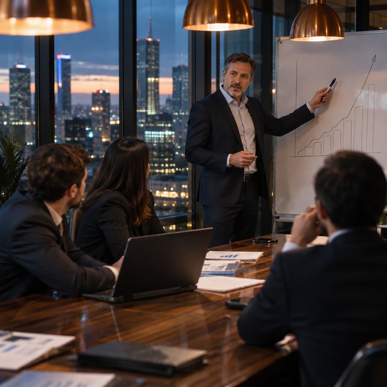 Finance leader points at an upward trend chart during an AI ROI meeting in a city office.