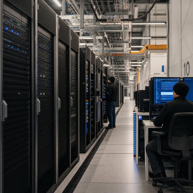 In a secure enterprise data center, anonymous technicians inspect rows of server racks and connected workstations that support private AI agent orchestration infrastructure for regulated industry deployments.