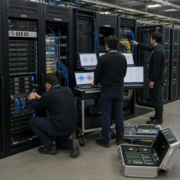 Inside a brightly lit enterprise data center with rows of tall black server racks and visible cooling vents, three anonymous technicians wearing dark business-casual attire and lanyards stand with backs partially turned while examining multiple open server bays. One technician kneels beside a rack containing dense arrays of SSD drives and GPU accelerator cards connected by thick bundles of blue and yellow fiber-optic cables, representing vector database hardware for large-scale indexing. Another technician stands at a rolling cart holding several laptop computers displaying abstract multicolored scatter plots, node-link diagrams, and layered retrieval flow charts without any legible text, illustrating tradeoffs between naive vector search, graph-enhanced retrieval, hybrid sparse-dense methods, corrective reranking pipelines, adaptive query routing, agent-orchestrated retrieval loops, and multimodal embedding fusion. A third technician points toward a separate rack labeled by hardware type alone, containing additional storage arrays and network switches tied into the same cabling infrastructure. On the floor nearby rest open equipment cases showing internal components such as high-density memory modules, network interface cards, and cooling fans, while overhead LED panels cast even illumination across the polished concrete floor and reflective metal surfaces. In the background, additional server racks from multiple vendors display status LEDs in green and amber, with visible patch panels and cable management trays emphasizing the physical scale and cost of indexing enterprise datasets. The scene captures the collaborative inspection of these layered hardware configurations that production teams use to balance retrieval accuracy, latency, and indexing expense across varied RAG architectures deployed on systems equivalent to Pinecone, Milvus, Weaviate, and Qdrant infrastructures.
