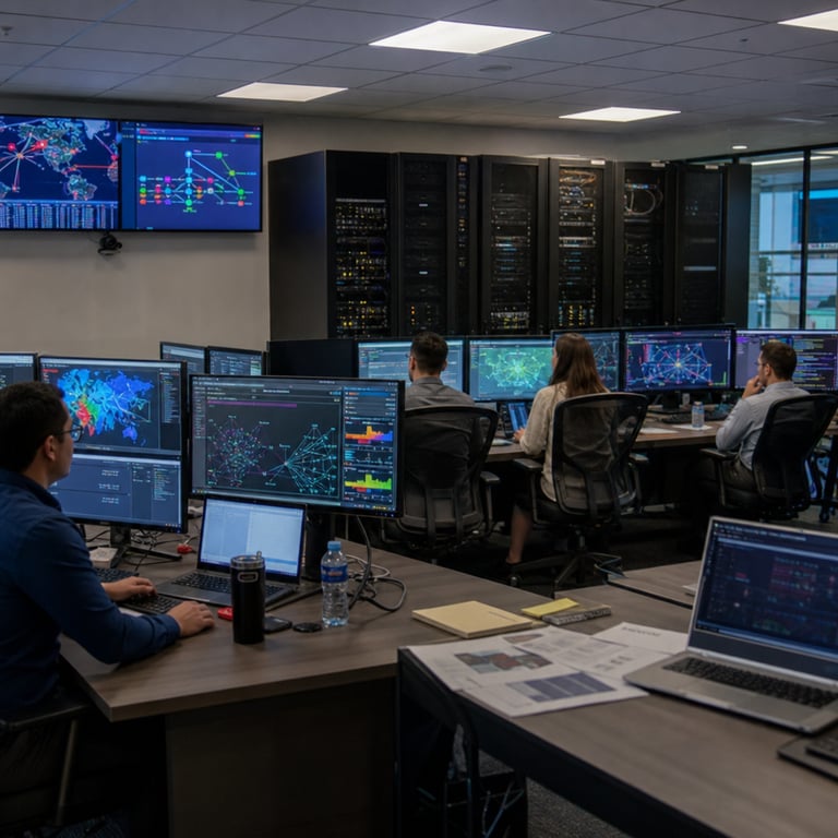 A modern enterprise security operations center features multiple anonymous analysts seated at long rows of ergonomic desks each equipped with arrays of flat screen monitors displaying dense multicolored network topology maps threat heatmaps timeline graphs of alert patterns and layered data flow diagrams representing automated expert level analysis. The analysts wear neutral business casual attire with backs or sides visible to the viewer and hands positioned on keyboards or pointing at screen sections indicating collaborative review of complex security incidents. Behind the workstations tall black server racks with visible cabling and status indicator lights stand in ordered rows symbolizing the integrated Atlas platform infrastructure running on Amazon Bedrock cloud services. Subtle environmental details include overhead fluorescent lighting reflecting off polished floors large wall mounted displays showing abstract security dashboards with geometric shapes and arrows denoting rapid data processing and reduced response pathways and nearby conference tables holding open laptops and printed reference materials without legible content. The overall composition emphasizes efficiency through the presence of multiple active workstations fewer personnel than typical for the volume of visualized alerts and organized cable management suggesting streamlined operations. Additional elements include a background area with storage cabinets holding hardware components and a glass partition revealing further server equipment rows to convey the scale of managed detection and response capabilities. The scene captures a calm focused professional environment where human experts interact with AI augmented tools for higher detection accuracy and accelerated investigation workflows grounded in real enterprise cybersecurity settings without any text logos numbers or identifiable individuals. Dense visual layers include reflections on monitor surfaces varied screen color palettes from blues greens and reds indicating different threat categories ergonomic chair adjustments personal items like water bottles and notepads on desks and subtle architectural features such as acoustic wall panels and ventilation grilles contributing to the authentic operational atmosphere of a high performance security team leveraging advanced artificial intelligence integration for threat analysis.