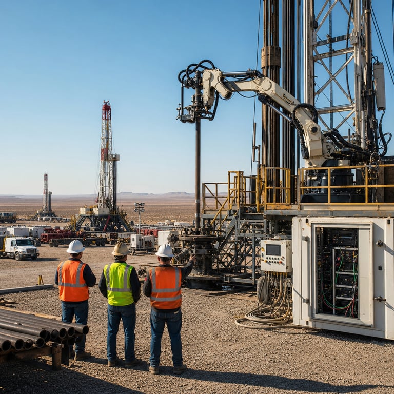 A wide view of an active oil drilling site situated in the flat arid expanse of the Permian Basin featuring multiple large drilling rigs equipped with articulated robotic arms and automated pipe handling systems positioned over wellheads with hydraulic actuators and sensor arrays mounted on the derricks. In the foreground several anonymous workers wearing standard high-visibility safety vests hard hats and gloves stand with backs turned observing the robotic operations while one figure points toward a control panel integrated into the rig structure. Scattered around the site are heavy-duty trucks transport containers and portable generator units connected by thick cables to the drilling equipment. The background shows endless desert terrain with low scrub vegetation distant mesas under a clear sky and additional secondary rigs operating in the middle distance. Detailed elements include metal lattice towers steel walkways safety railings coiled hoses stacked drill pipe sections mud pumps and monitoring enclosures housing computer hardware racks with visible wiring and indicator lights. The robotic arms are shown in mid-motion gripping and positioning tubular sections with precision joints and clamps. Additional objects comprise safety cones portable lighting towers water tanks chemical storage drums and gravel-covered well pads. The entire scene captures the integration of advanced automation hardware within a traditional energy extraction environment emphasizing the physical scale of the machinery the desert setting and the operational activity without any visible markings text or logos on equipment or clothing.