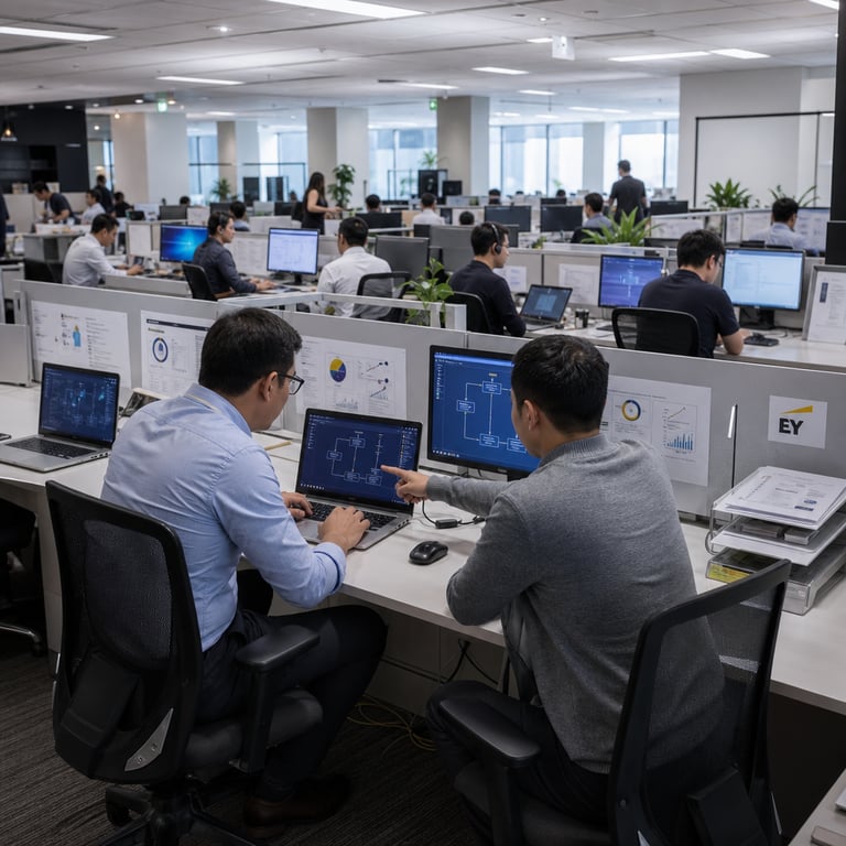 A realistic live action scene inside a large modern open plan corporate office belonging to the professional services firm EY shows multiple anonymous professionals seated at rows of clean white desks working on app development tasks with Microsoft 365 Copilot integrated into their workflow. Each desk holds a silver Microsoft laptop connected to an external monitor displaying abstract software architecture diagrams and flow charts without any readable text numbers or letters. One professional in a light blue button down shirt and dark trousers leans forward typing on the keyboard while another in a gray sweater sits beside them pointing at the screen to discuss code structure. Additional anonymous figures in business casual clothing including collared shirts slacks and blouses occupy nearby desks engaged in similar activities with some wearing headsets for virtual collaboration sessions. The background reveals more workstations extending into the distance with consistent office furniture such as ergonomic chairs neutral gray partitions potted green plants and stacks of documents in trays. Subtle Microsoft hardware elements appear throughout including docking stations and wireless peripherals representing scaled deployment of Microsoft 365 Copilot across a workforce of one hundred fifty thousand users. The overall environment conveys measurable productivity gains through AI assisted development processes with professionals focused on tasks that previously required greater manual effort now streamlined by agentic AI tools. Further visible details include network cables neatly routed along desk edges coffee cups placed beside keyboards and abstract printed charts pinned to partition walls illustrating enterprise scale adoption of Microsoft 365 E7 Frontier Suite capabilities. The scene extends to show the breadth of the workspace with distant figures walking between desks carrying tablets and the consistent use of Microsoft productivity platforms across all visible stations emphasizing plans for broader rollout to the full global workforce of the firm without any specific individuals or identifiable features.