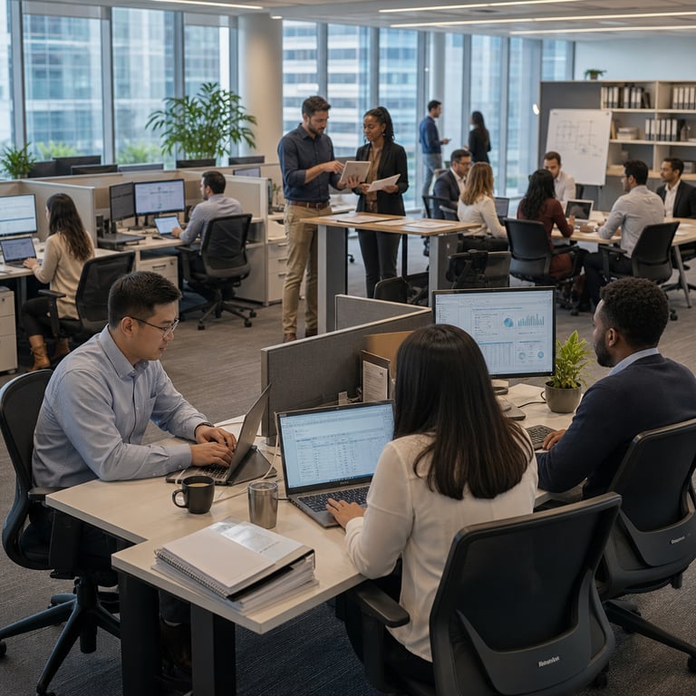 Inside a spacious modern professional services office environment with floor to ceiling windows overlooking an urban cityscape during daylight hours multiple anonymous office workers are seated at individual ergonomic desks arranged in open plan collaborative layout each worker focused intently on laptop computers displaying complex financial spreadsheets charts and workflow diagrams representing productivity enhancements from enterprise software deployment the workers include men and women of diverse ages and ethnic backgrounds wearing standard business casual attire such as button down shirts blouses slacks and cardigans with no visible logos or identifying features some workers are standing near shared standing desks discussing printed financial reports and digital tablets showing process automation interfaces one worker points to a screen illustrating streamlined lead time metrics while another reviews cost reduction analytics on a secondary monitor the background features additional cubicle partitions with neutral tones filing cabinets containing organized folders stacks of bound financial documents on shelves potted plants adding greenery and soft ambient lighting from overhead fixtures creating a focused yet comfortable atmosphere several workers appear to be engaged in team meetings around a central conference table covered with notepads pens and multiple open laptops suggesting integration of Power Platform tools for finance modernization the overall scene conveys efficiency and technological adoption in a corporate setting with subtle visual cues like collaborative screen sharing and data visualization elements indicating gains in operational speed and reduced overhead costs the floor is carpeted in muted gray tones with ergonomic office chairs in black fabric positioned around each workstation additional details include wall mounted whiteboards with abstract diagrams coffee mugs on desks and distant views of other employees walking through hallways carrying briefcases all elements grounded in a realistic live action depiction of enterprise technology rollout across large employee bases preparing for scaled expansion the composition centers on the primary desk cluster with foreground workers actively typing and analyzing data while midground shows secondary interactions emphasizing collective productivity improvements in professional services finance operations without any textual elements or identifiable individuals