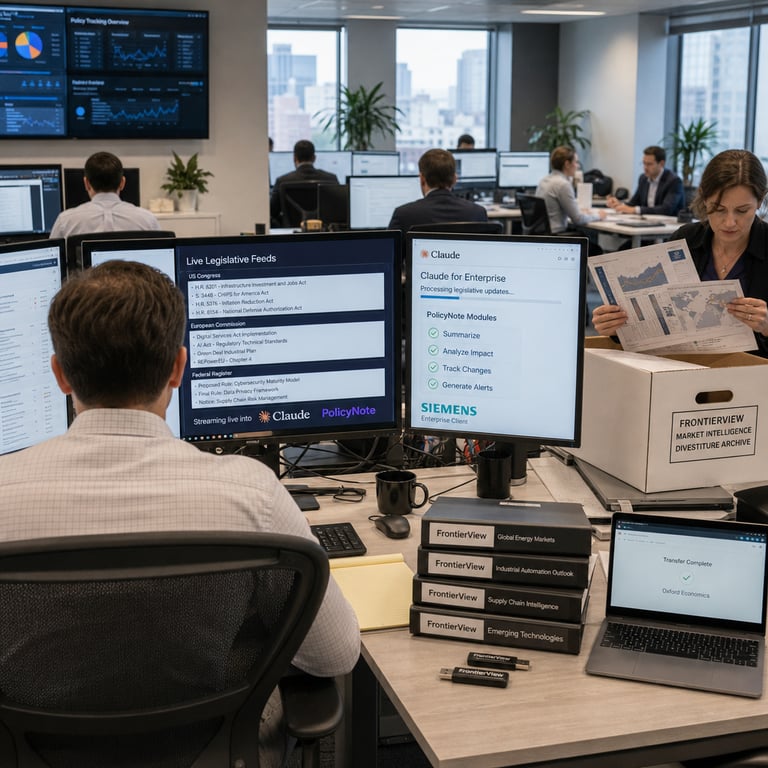 Inside a contemporary open-plan corporate office with neutral gray walls, large windows overlooking an urban skyline, and rows of ergonomic desks equipped with multiple flat-panel monitors, keyboards, and wireless mice, several anonymous professionals in business casual attire sit with their backs to the viewer working intently at their stations. One central workstation displays on its primary screen a clean interface streaming structured legislative bill texts and regulatory updates in real time into a connected enterprise AI platform, while adjacent monitors show workflow dashboards routing the incoming policy data through an Anthropic Claude instance for summarization and analysis within PolicyNote modules used by large industrial clients such as Siemens. On a nearby desk a set of thick market-research binders and USB drives labeled for FrontierView sit stacked beside an open laptop showing a transfer confirmation screen to Oxford Economics, with a second professional reviewing printed charts of global market trends before placing the materials into a labeled archival box for handover. Subtle visual cues include wall-mounted screens cycling through anonymized policy-tracking graphs, potted plants, and coffee mugs on side tables, all under even ambient daylight. The entire composition captures the moment of operational transition where the divestiture of the FrontierView market-intelligence division enables focused development of the native Claude connector that now delivers live legislative feeds directly into enterprise workflows. Additional details include cable management under desks, ergonomic office chairs adjusted to various heights, subtle reflections on monitor surfaces, scattered legal pads with handwritten notes in generic script, and distant colleagues collaborating around a shared table reviewing printed policy summaries, creating a dense, realistic tableau of a technology-policy firm actively shifting resources from sold assets toward integrated AI-driven legislative intelligence services.