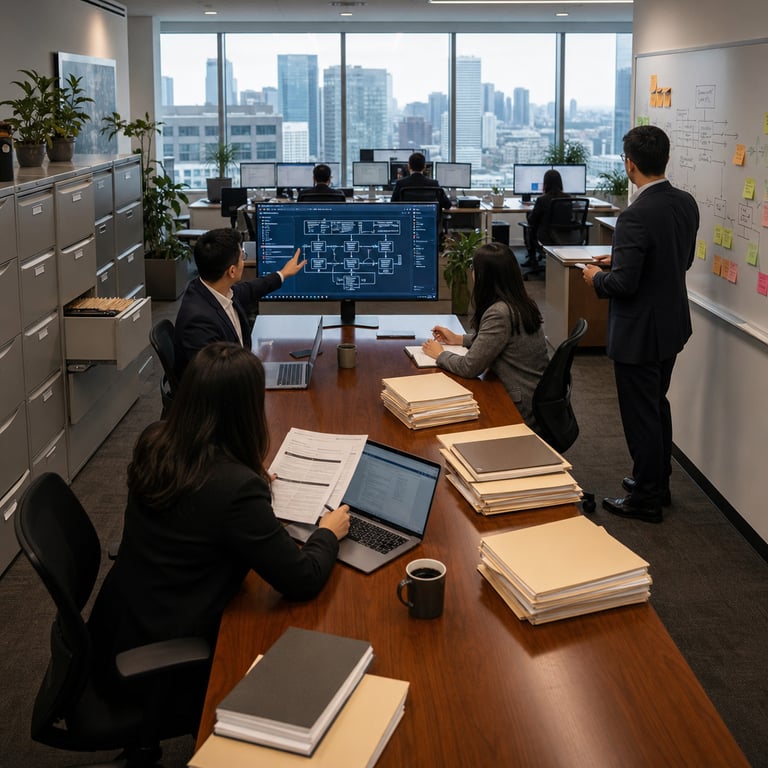 Inside a spacious open-plan compliance department of a large multinational financial institution a team of anonymous professionals wearing neutral business attire works together at a long polished wooden conference table covered with neatly stacked manila folders containing printed risk assessment reports and reference binders while multiple large desktop monitors display complex graphical dashboards charts and data tables illustrating AI model performance metrics validation workflows and automated compliance tracking processes one employee seated at the head of the table gestures toward a central screen showing interconnected workflow diagrams representing the transition from manual spreadsheet processes to integrated automation software another employee reviews physical printouts of model documentation placed beside a laptop another stands nearby consulting a wall-mounted whiteboard covered in handwritten process flow notations and color-coded sticky notes indicating stages of governance review a row of secure filing cabinets lines one wall with partially open drawers revealing archived paper records symbolizing legacy model risk management methods large windows along the far wall reveal an urban cityscape skyline during daylight hours with soft natural light illuminating the workspace potted plants and contemporary office furniture create a professional atmosphere several additional staff members sit at nearby individual workstations equipped with dual monitors keyboards mice and ergonomic chairs focused intently on their tasks with coffee mugs and notepads placed beside them the overall environment conveys organized efficient collaboration in financial regulatory compliance without any visible logos text numbers or branding elements on any surfaces screens or documents the scene captures a moment of active review and discussion around the implementation of specialized automation tools for AI governance and SR 11-7 regulatory adherence within a Fortune 500 banking context emphasizing real-world operational settings hardware and anonymized human activity that directly reflects institutional efforts to establish benchmarks in model risk management and regulatory compliance through ValidMind technology adoption.